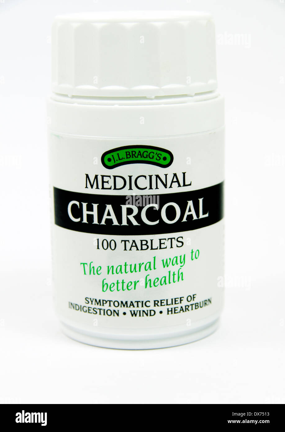 Bottle of Medicinal Charcoal tablets. Stock Photo