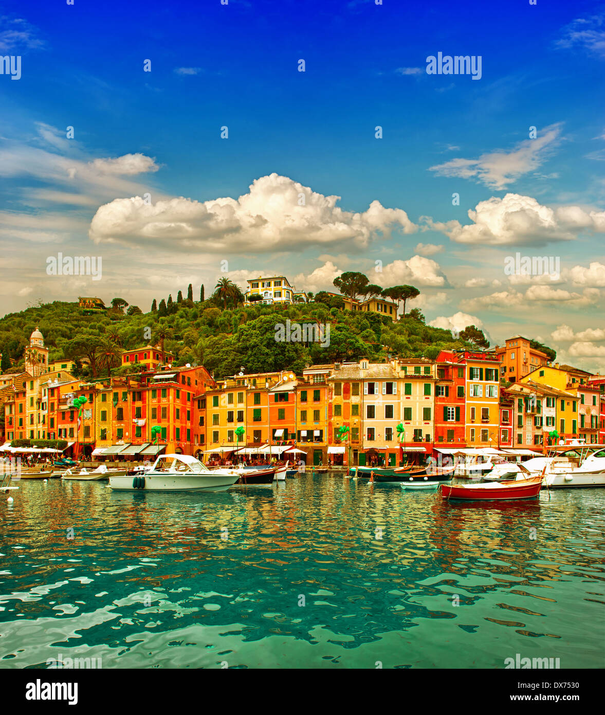 famous Portofino village on Ligurian coast, Italy. mediterranean sea. sunset landscape Stock Photo