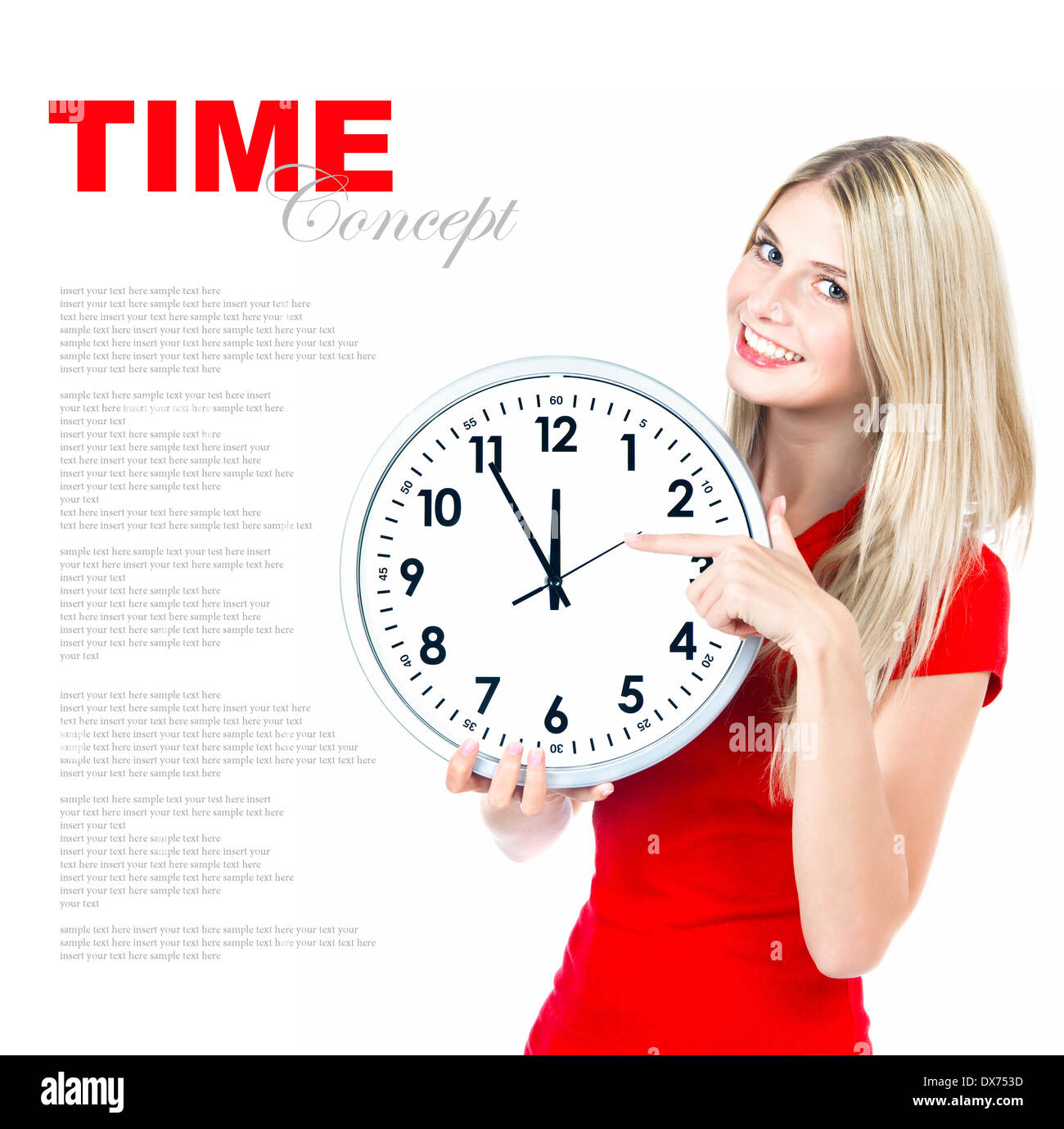 time concept. five to twelve. young beautiful woman with big clock on white background with sample text Stock Photo