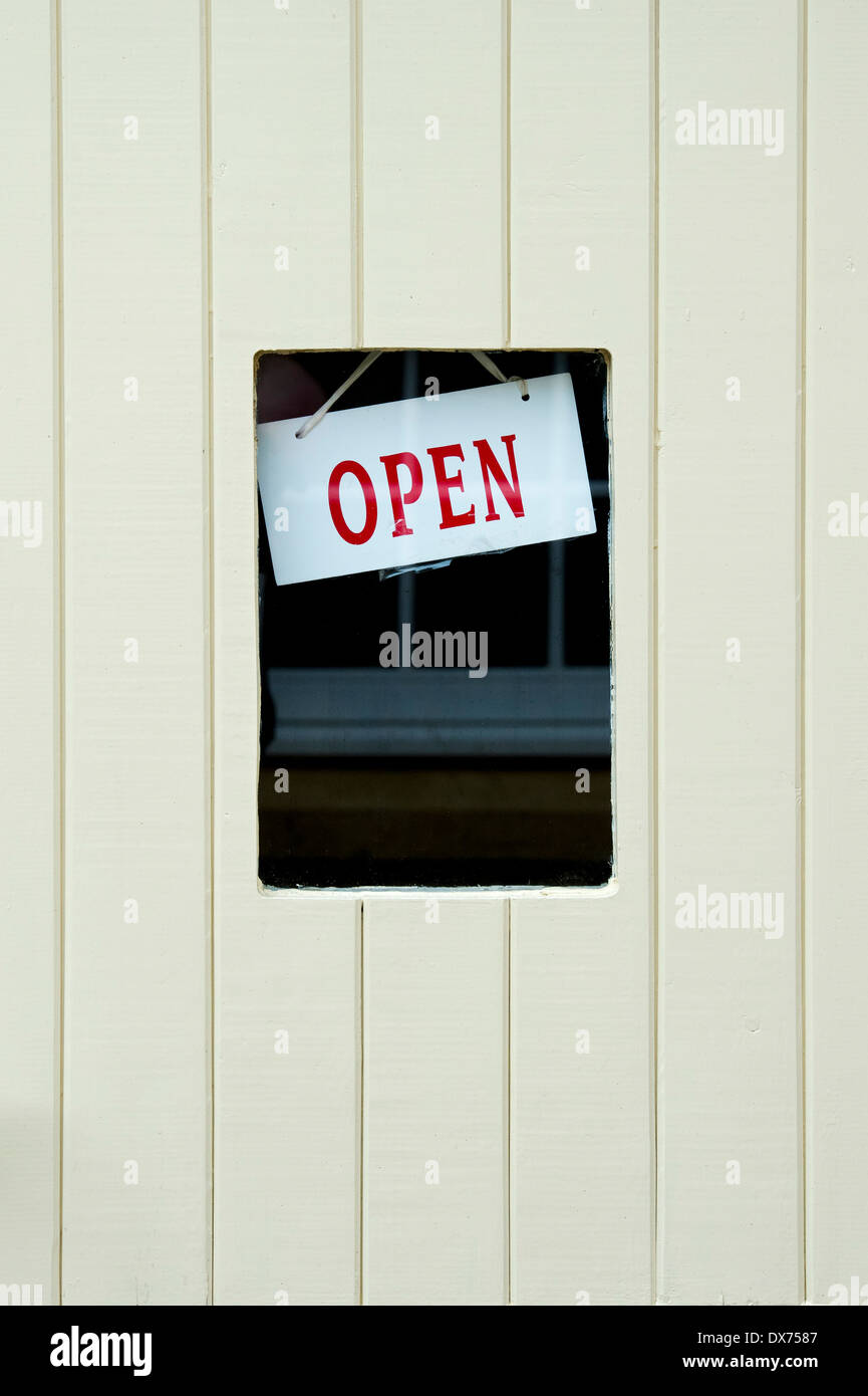 OPEN sign in a shop door window. Stow on the Wold, Cotswolds, Gloucestershire, England Stock Photo