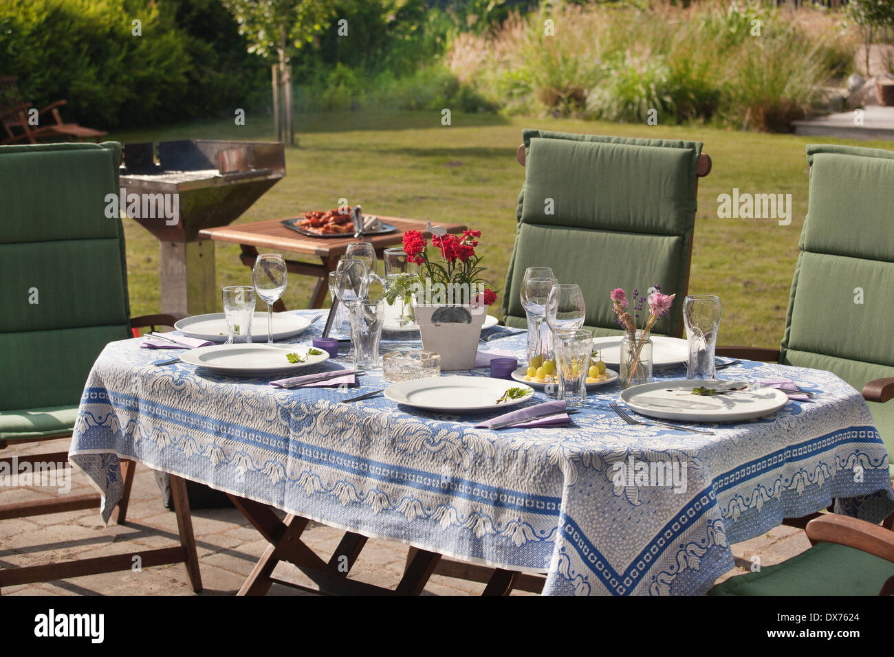 a laid table in the garden, in the background a barbecue with fresh meat Stock Photo