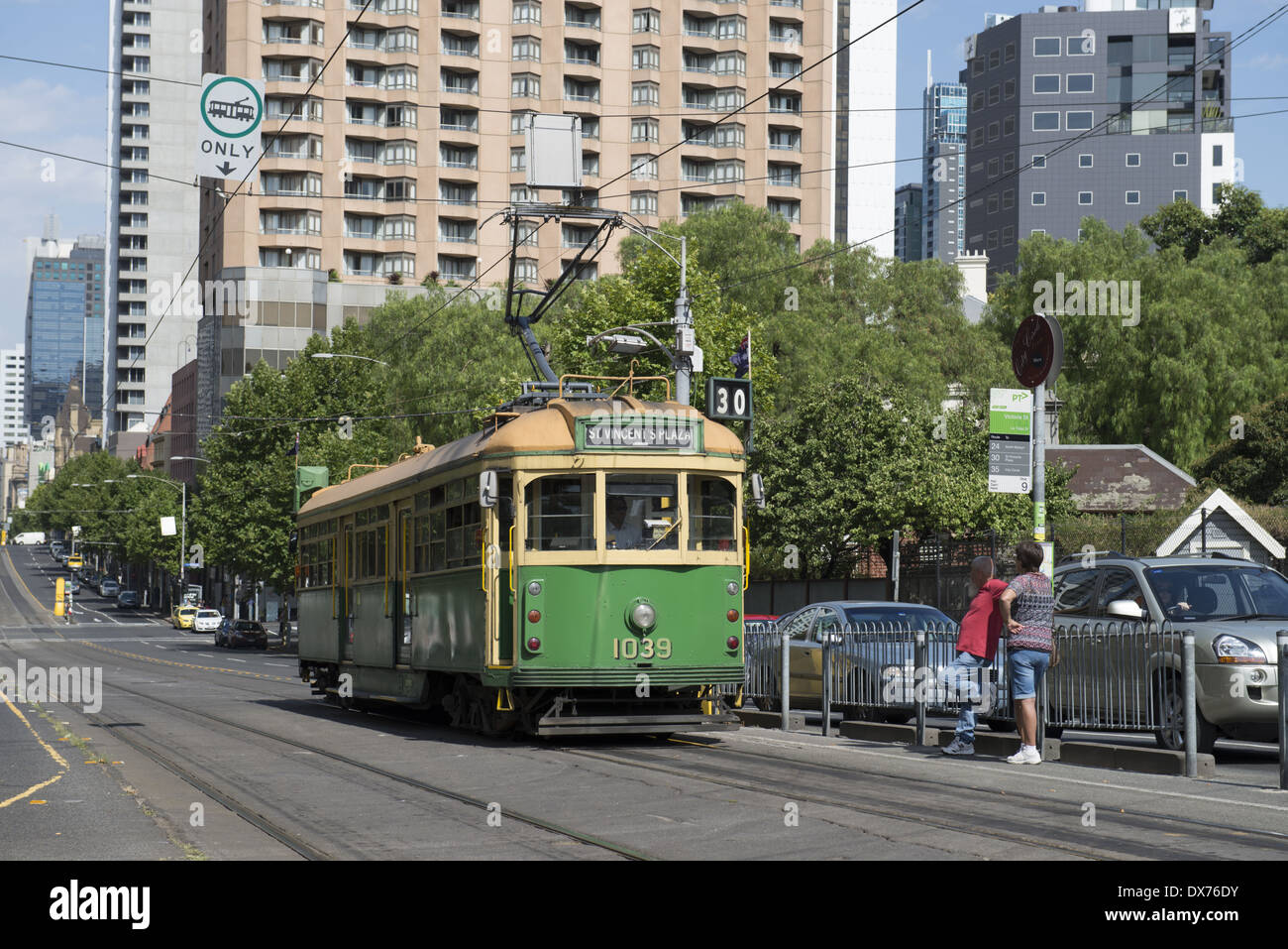 A tram on La Trobe Street. Stock Photo