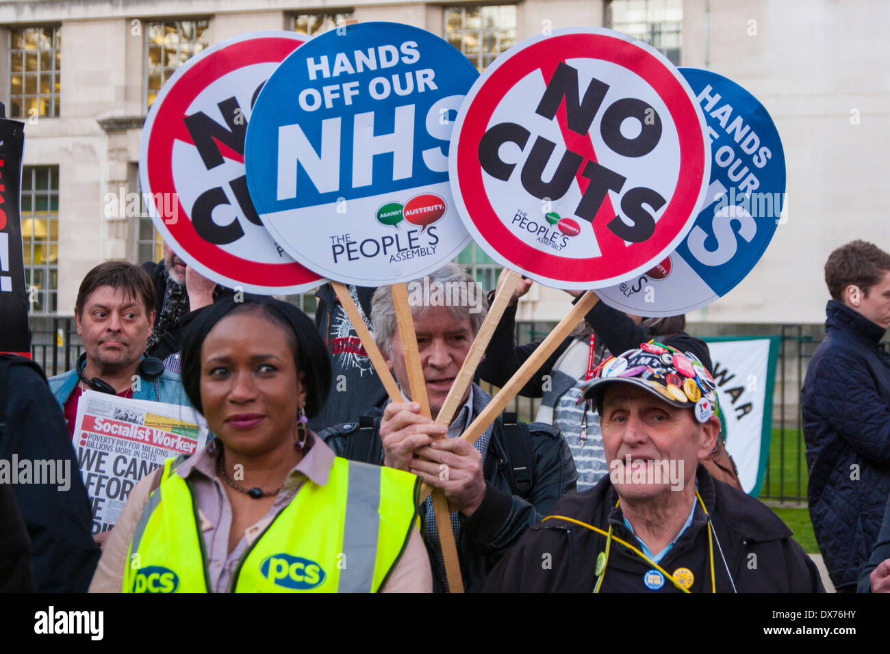 London, UK. March 19th 2014. Protesters from The People's Assembly Against Austerity protest outside Downing Street on Budget Day demanding no more cuts that affect the poor. Credit:  Paul Davey/Alamy Live News Stock Photo