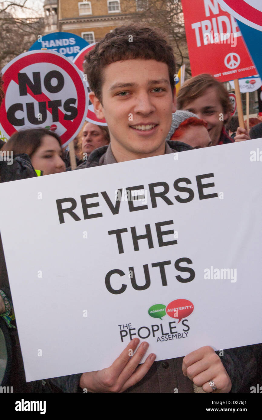 London, UK. March 19th 2014. Protesters from The People's Assembly Against Austerity protest outside Downing Street on Budget Day demanding no more cuts that affect the poor. Credit:  Paul Davey/Alamy Live News Stock Photo