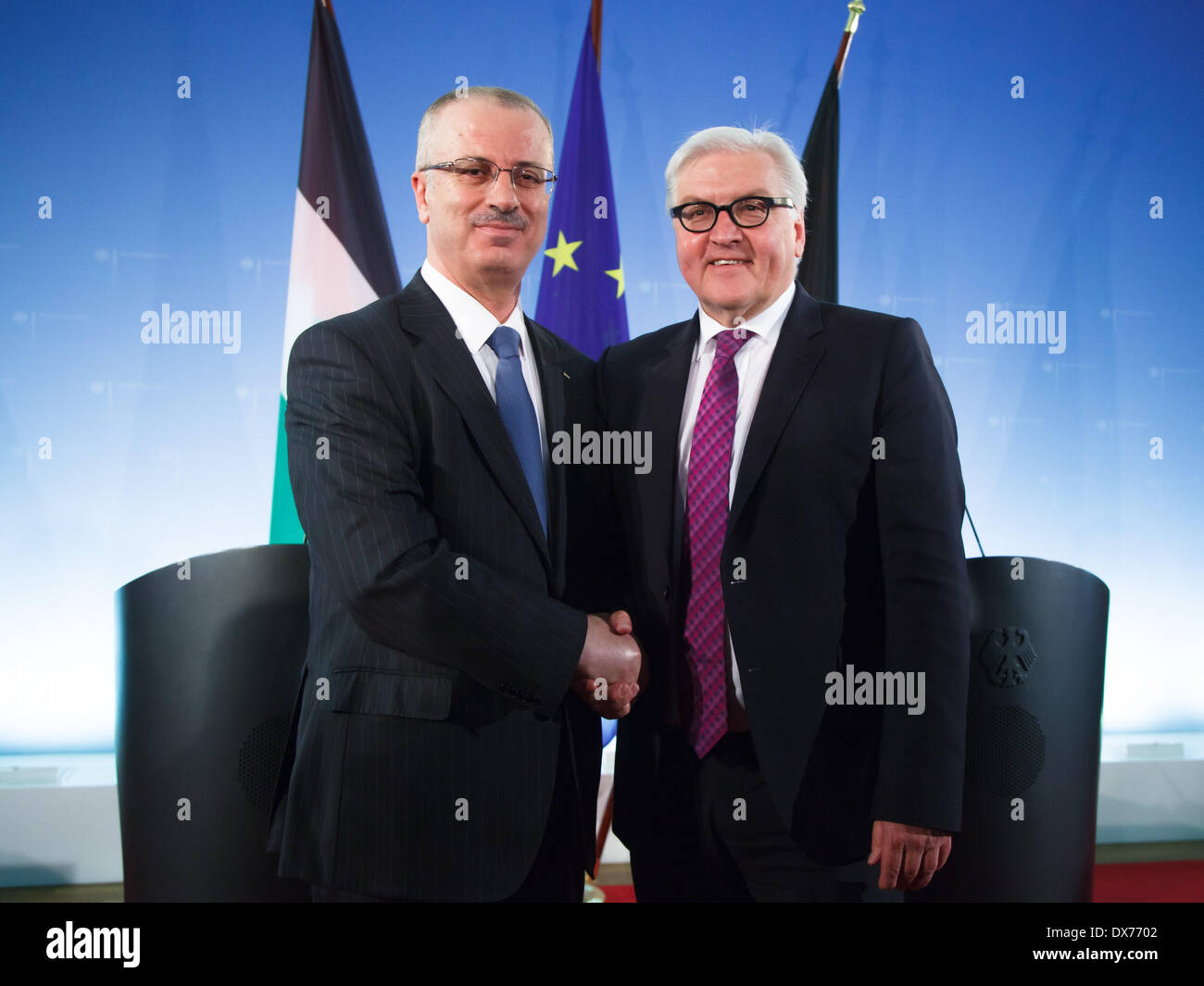 Berlin, Germany. 19th Mar, 2014. Foreign Minister Steinmeier welcomes the Prime Minister of the Palestine Authority, Rami Hamdallah, in the Ministry of Foreign Affairs. Main topics of the meeting are the current international efforts to settle the Middle East conflict, as well as Germany's support for the establishment of State structures in the Palestine territories. The conversation takes place at the beginning of the 3rd Conference of the German Palestine Steering Committee realized at the Ministry of Foreign Affairs in Berlin./Picture: (3rd Conference of the German Palestine Steering C Stock Photo