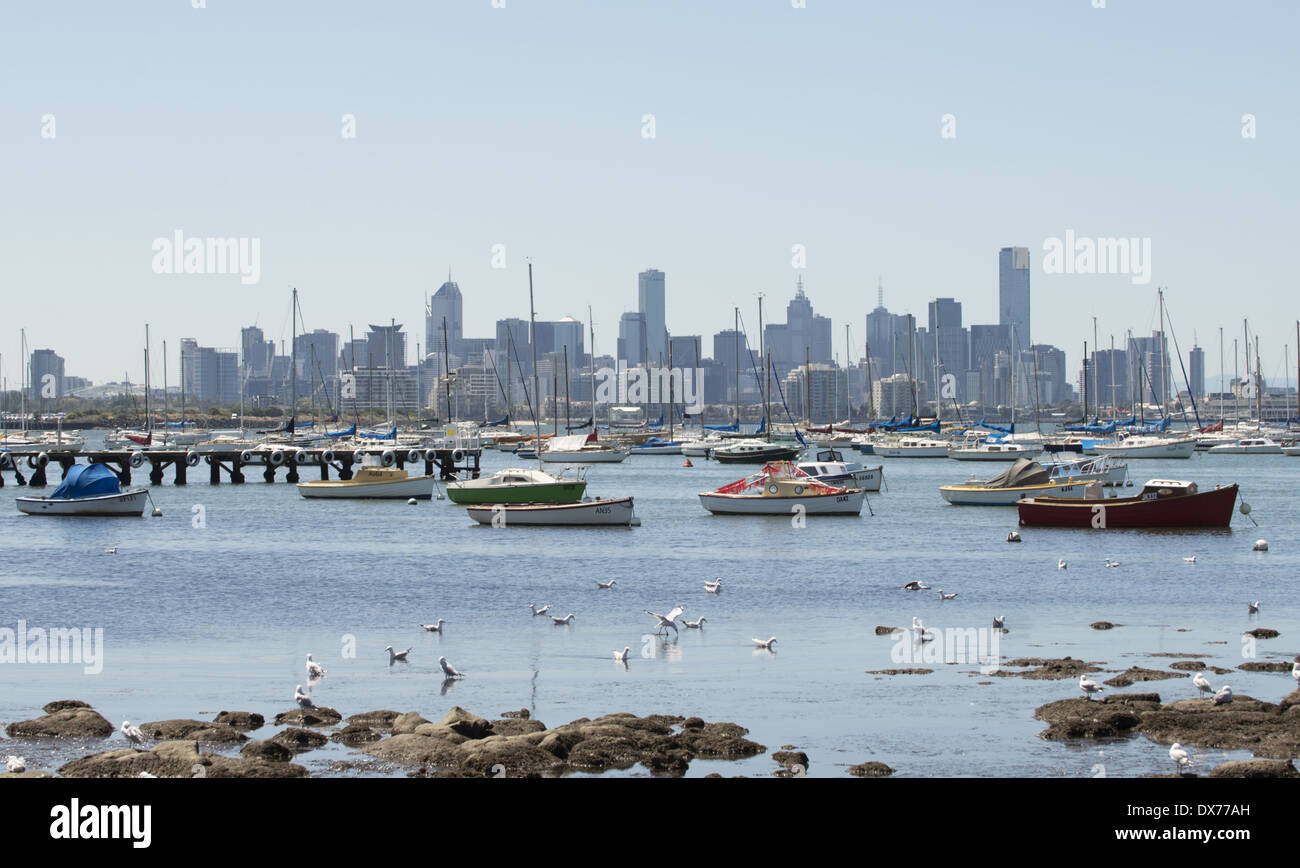 Williamstown. View from John Morley Reserve across Hobsons Bay to the Central Business District. Stock Photo