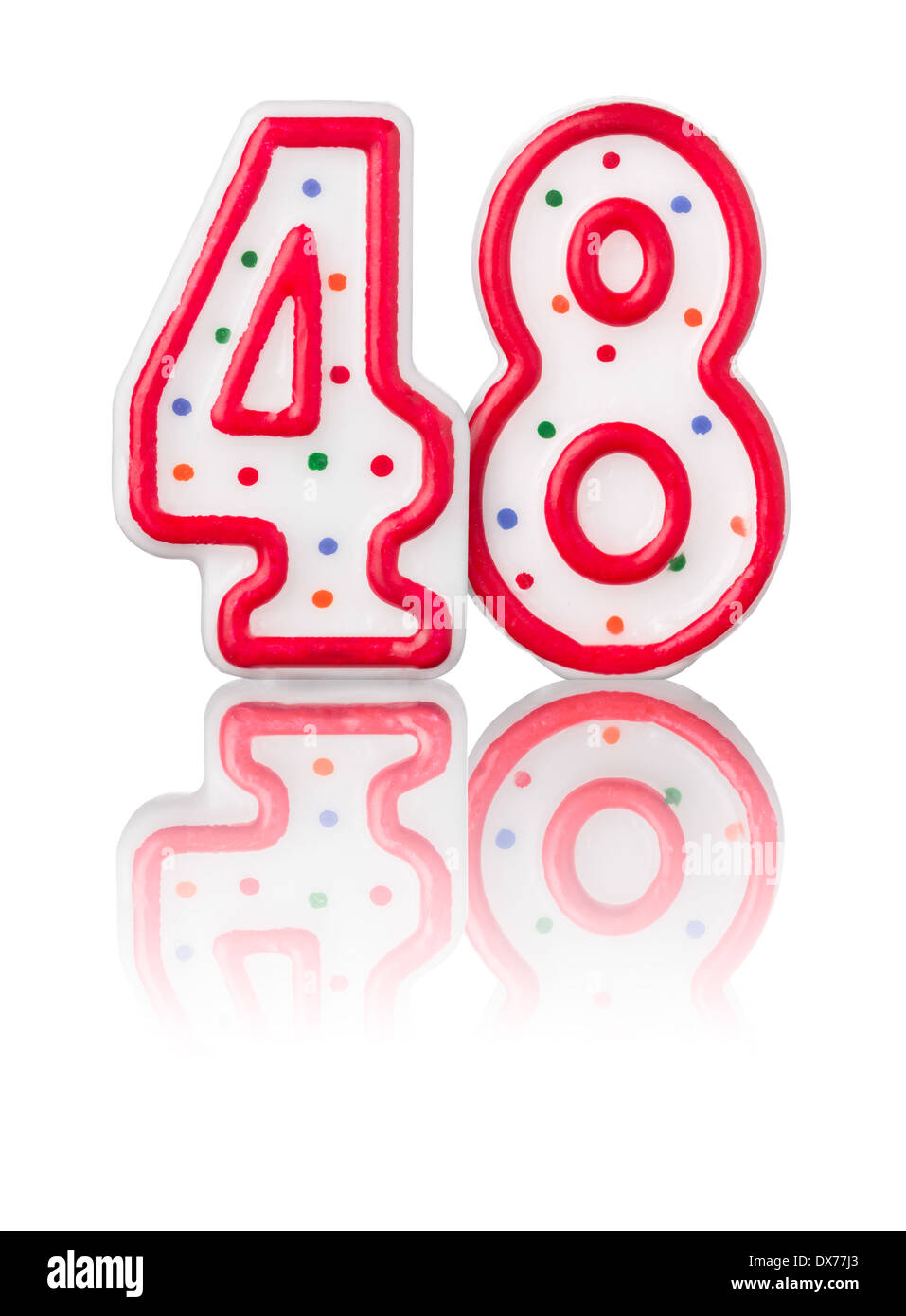Red number 48 with reflection on a white background Stock Photo