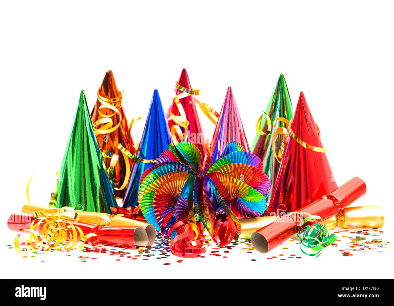 colorful garlands, streamer, party hats and confetti. carnival. birthday. new year Stock Photo