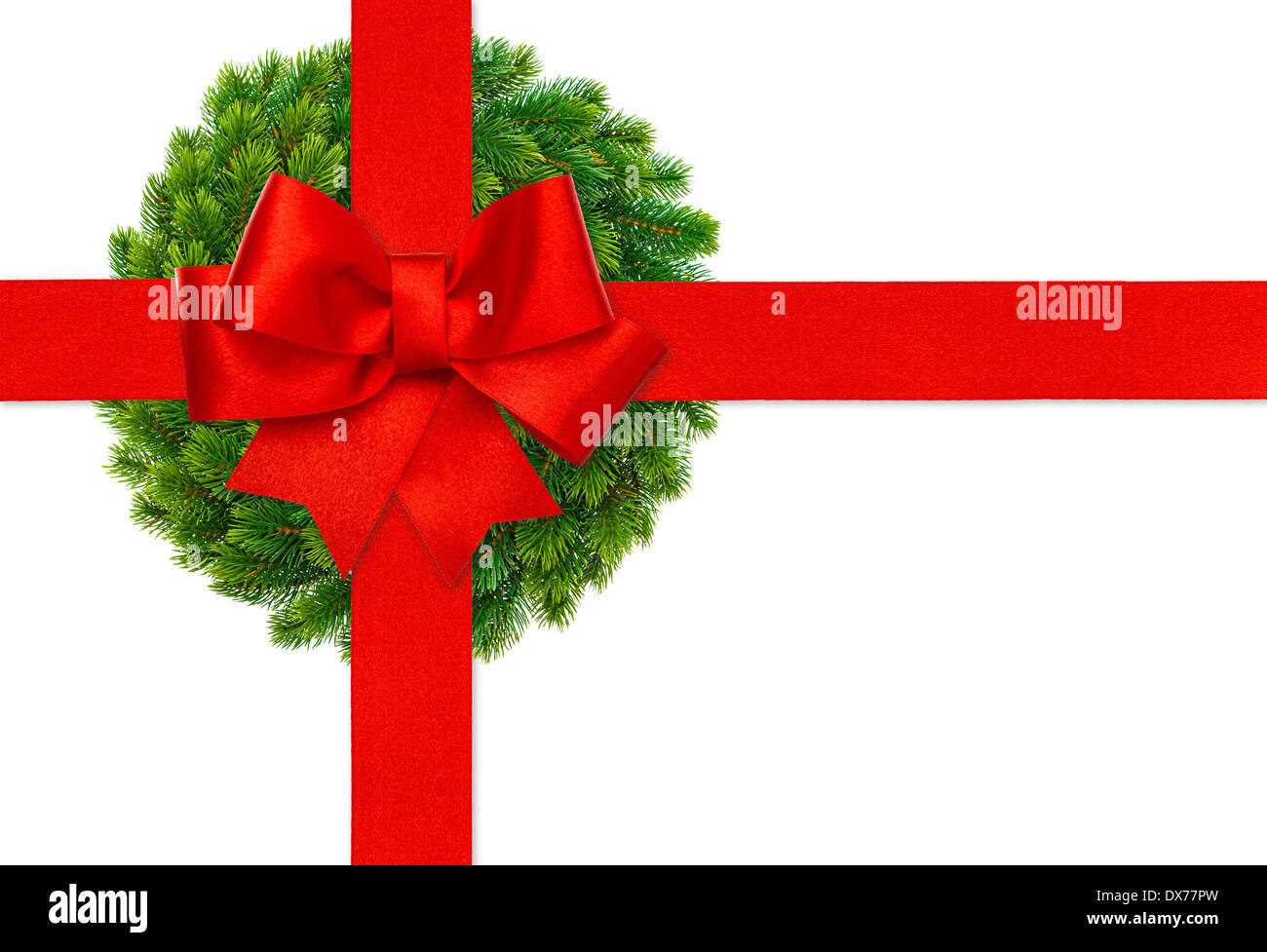 red ribbon bow and green christmas wreath isolated on white background ...
