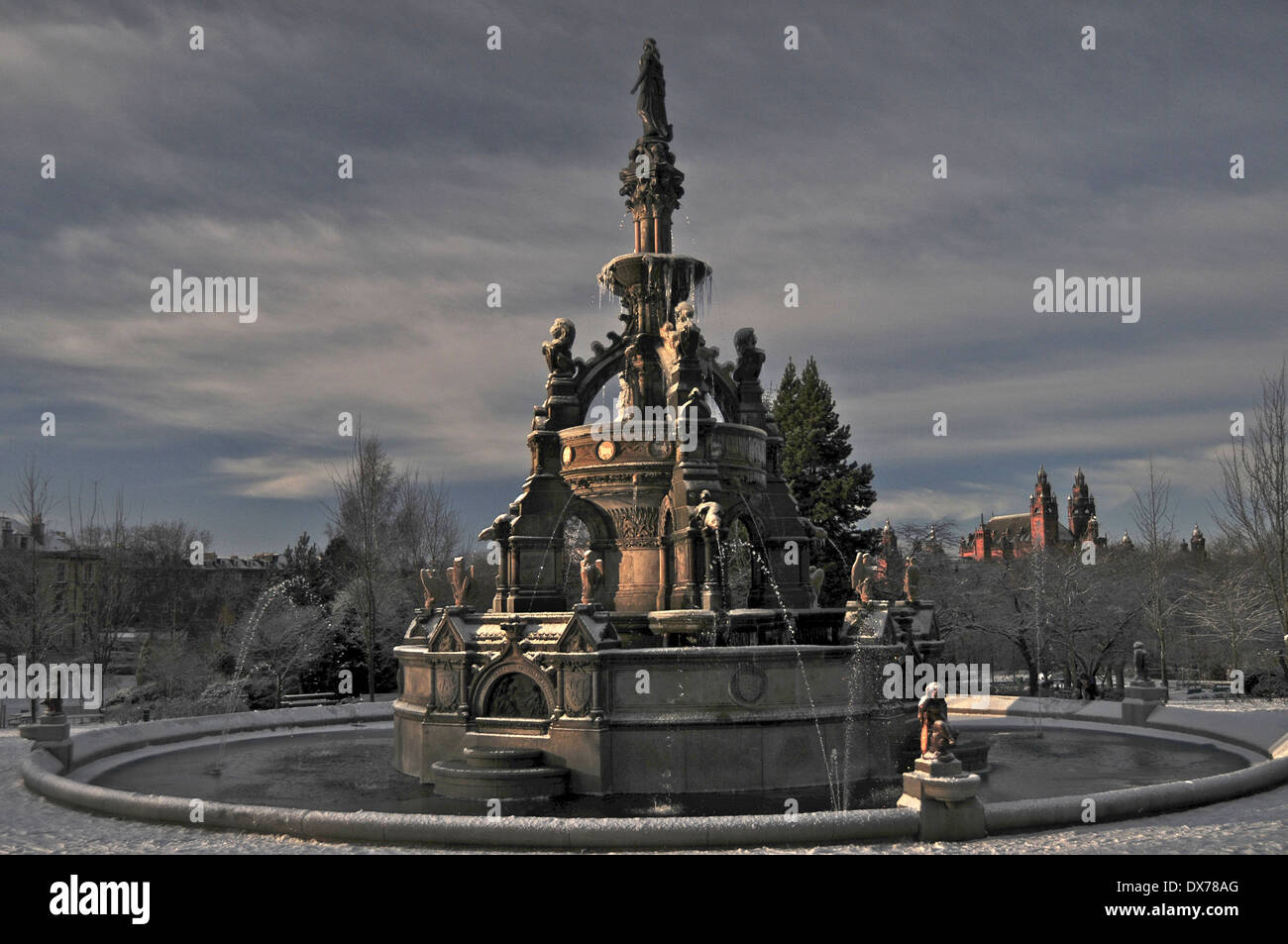 Frozen Fountain (Stewart Memorial Fountain), Kelvingrove Park, Glasgow. Scotland Stock Photo