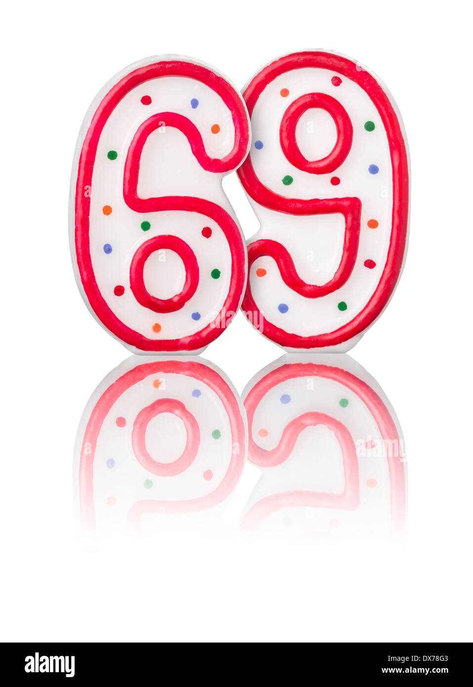 Red number 69 with reflection on a white background Stock Photo