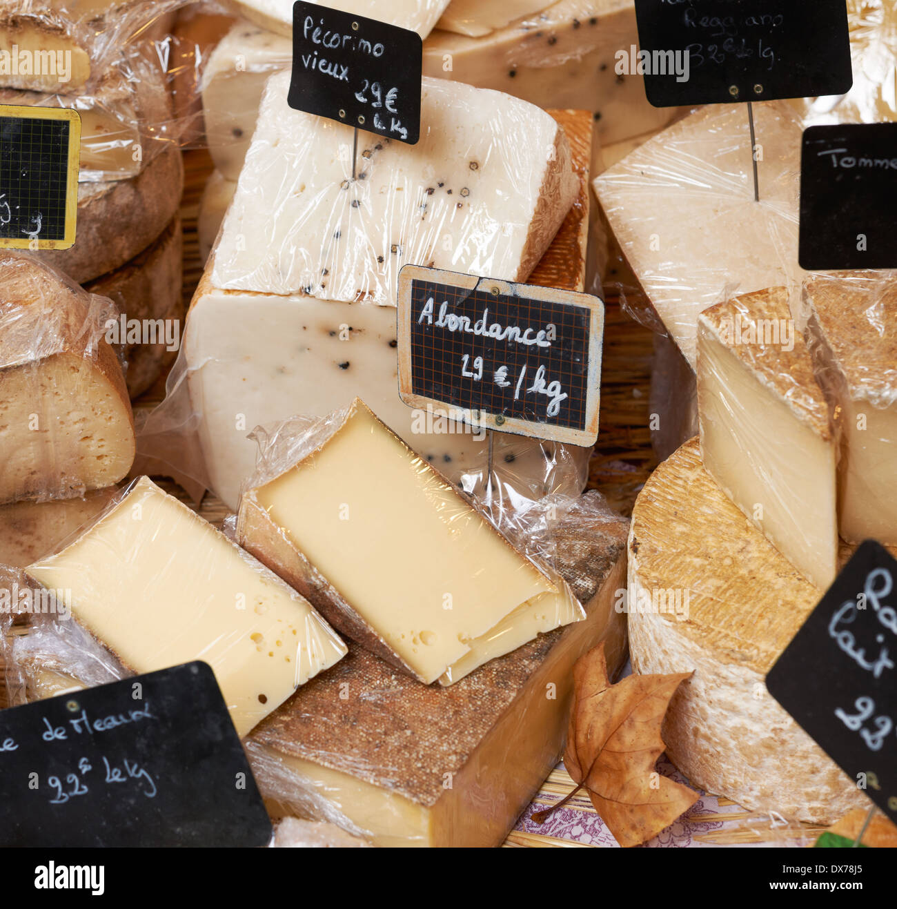 Random sorts of traditional french cheese for sale on rural market of Provence, South France Stock Photo
