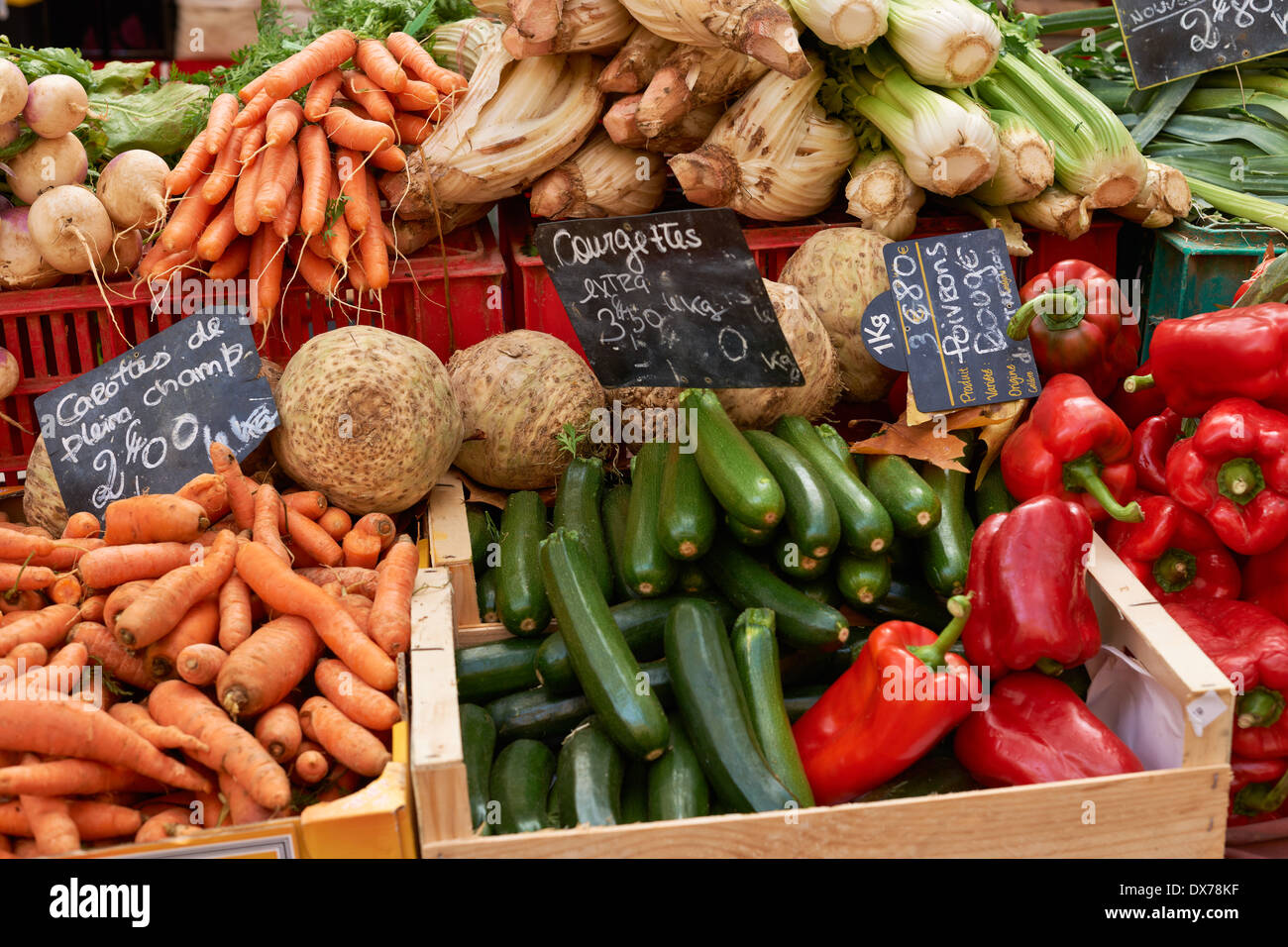 Fresh vegetables on market stall of Provence, South France, luberon region Stock Photo