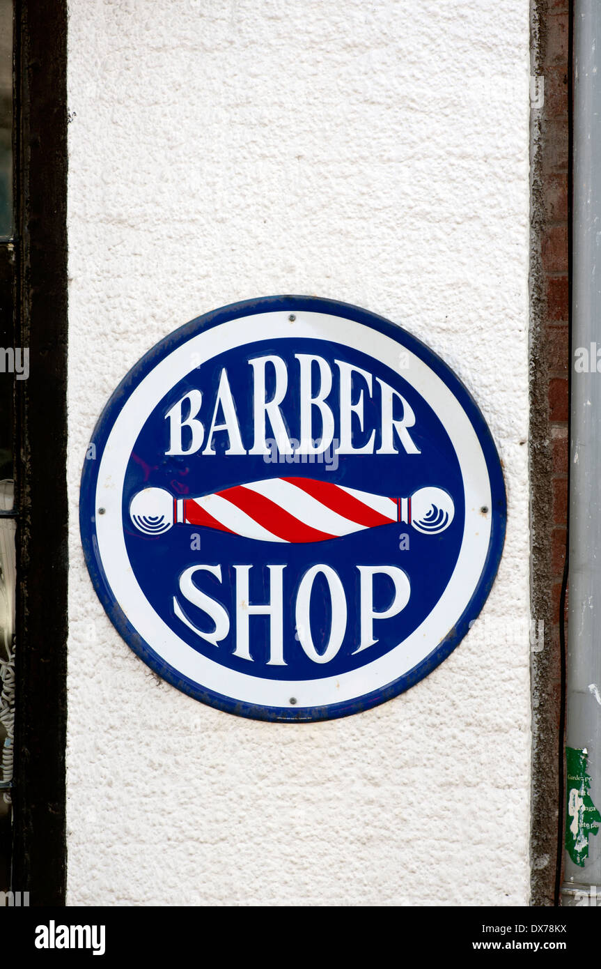 Barber shop sign, High Street, Alcester, Warwickshire, England, UK