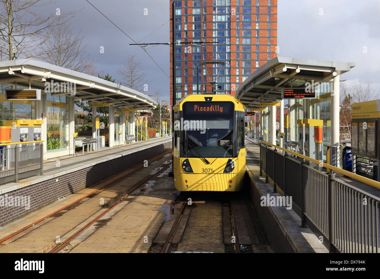 A Passenger Tram at the Media City Terminus at Salford Quays, Salford Greater Manchester UK. Stock Photo