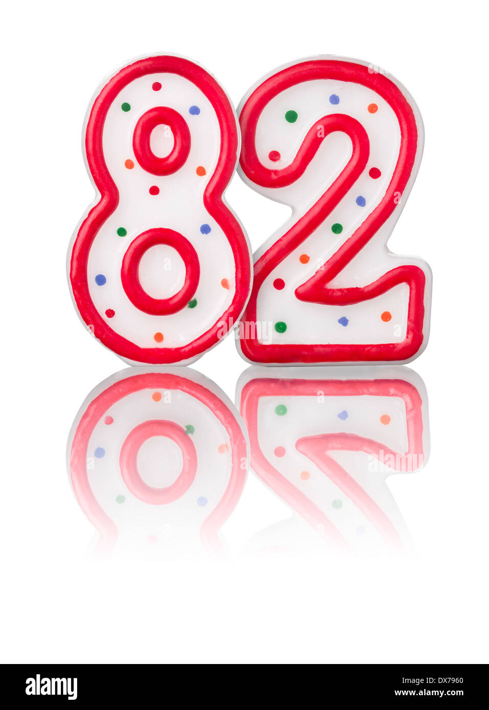 Red number 82 with reflection on a white background Stock Photo