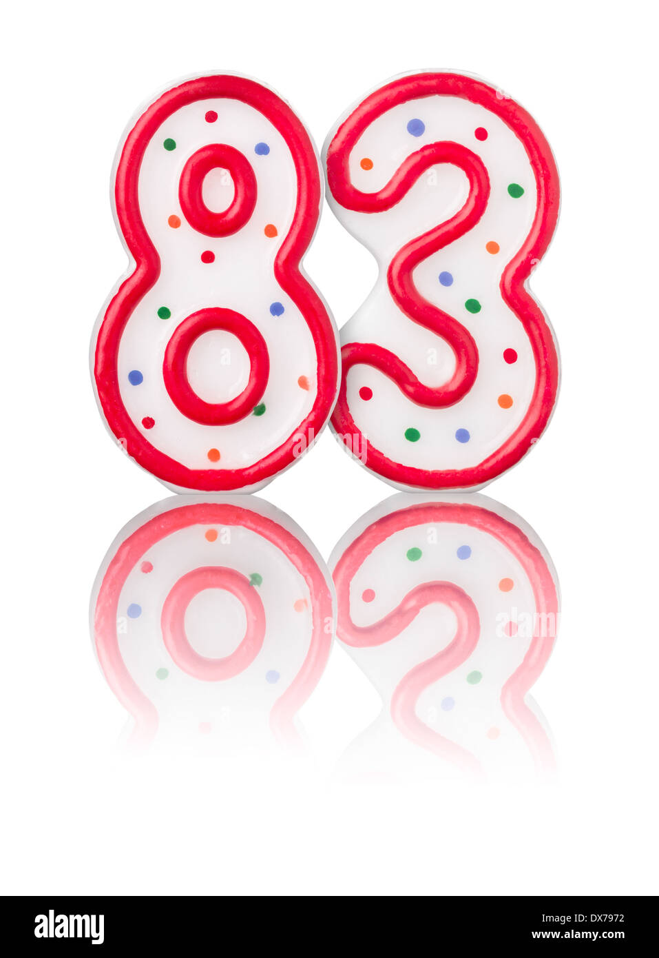 Red number 83 with reflection on a white background Stock Photo