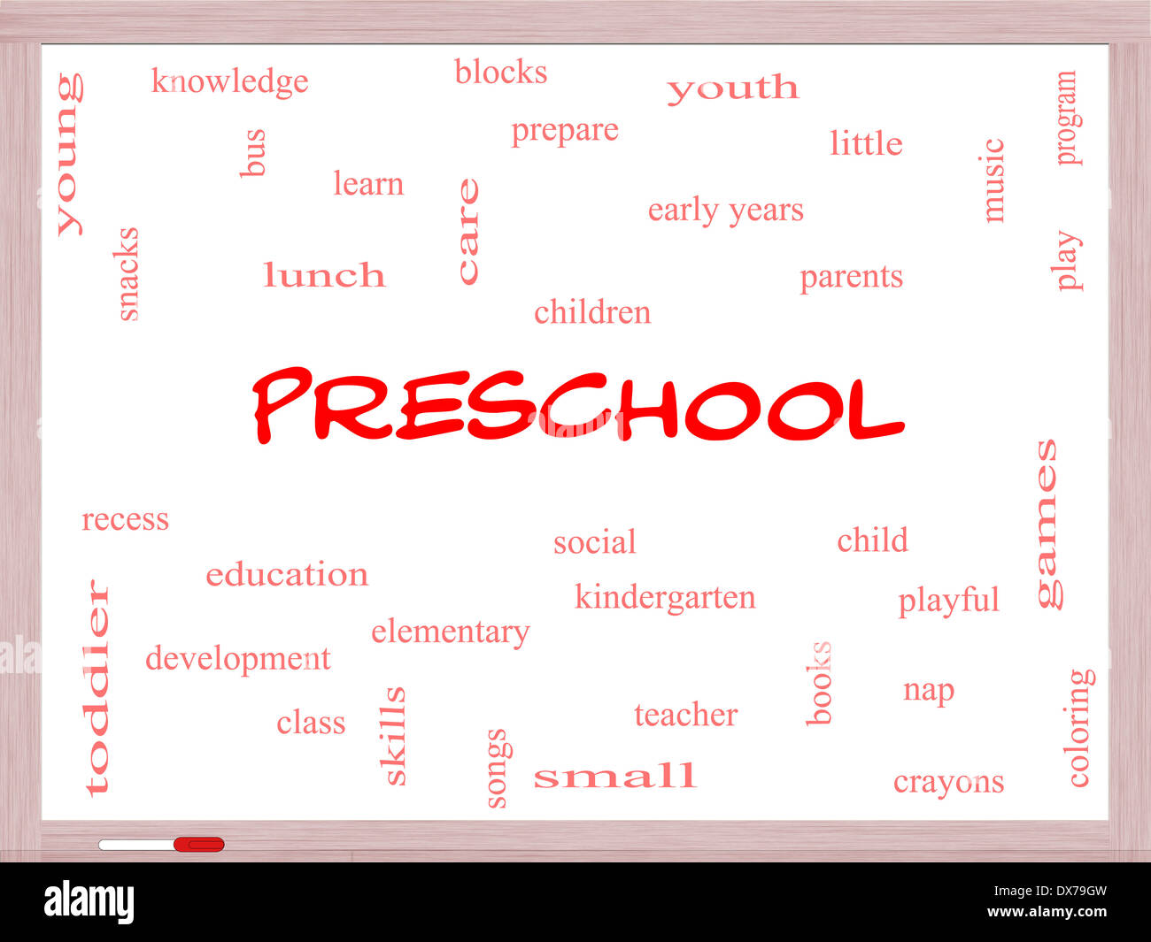 Preschool Word Cloud Concept on a Whiteboard with great terms such as