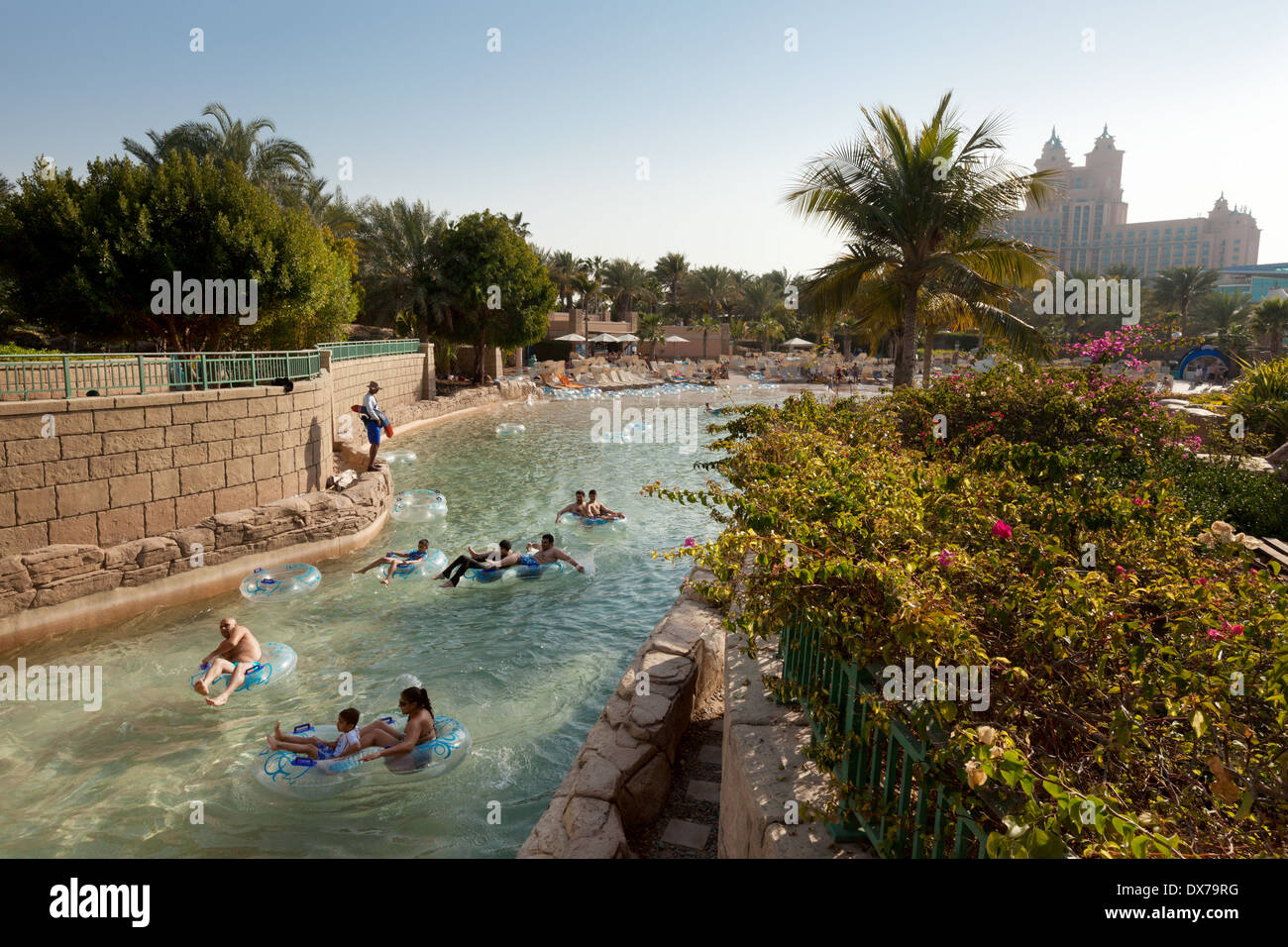 Aquaventure waterpark and the Hotel Atlantis, the Palm, Dubai UAE, United Arab Emirates, Middle East Stock Photo