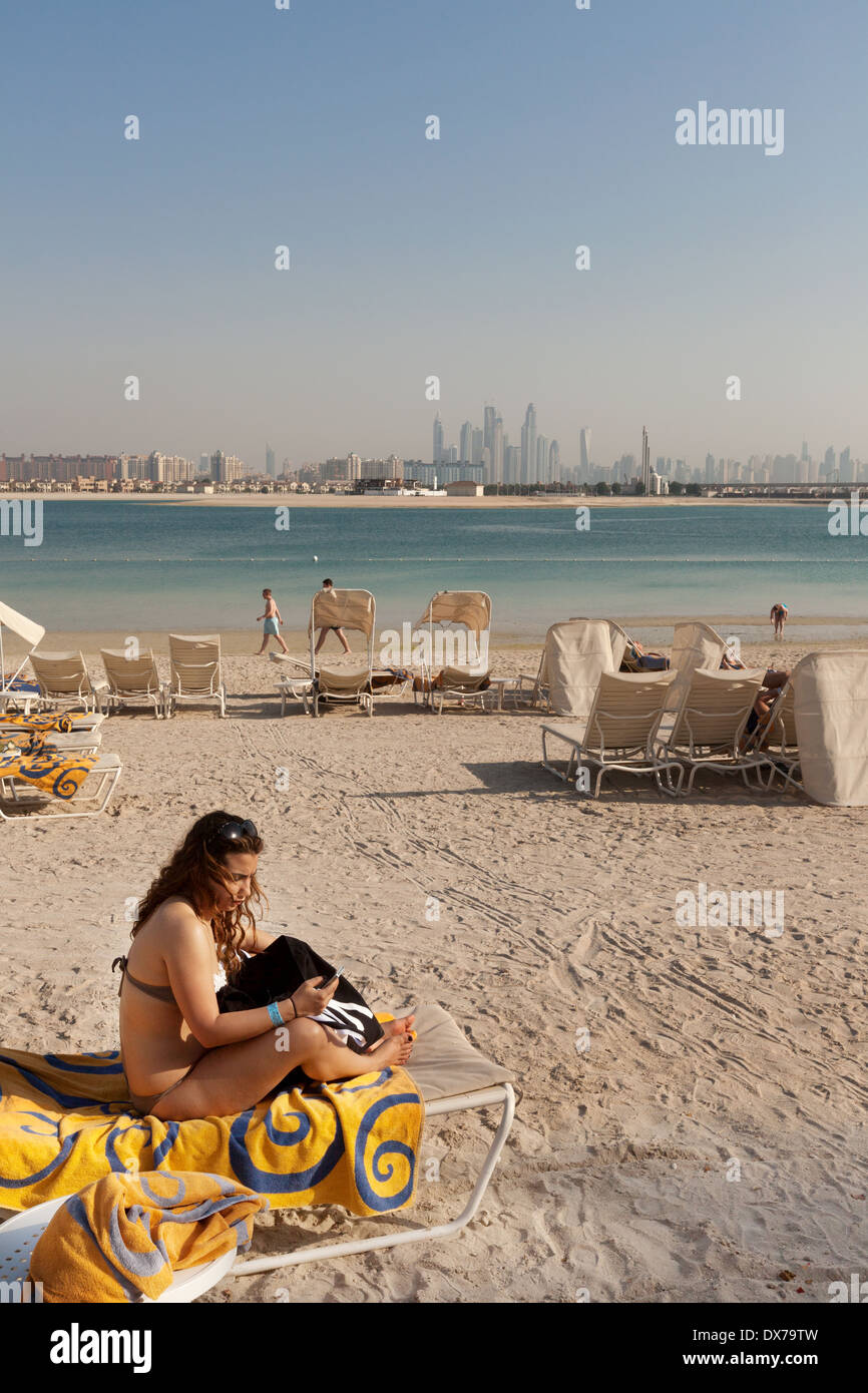 Dubai beach, Atlantis Hotel, the Palm, Dubai, UAE, United Arab Emirates, Middle East Stock Photo