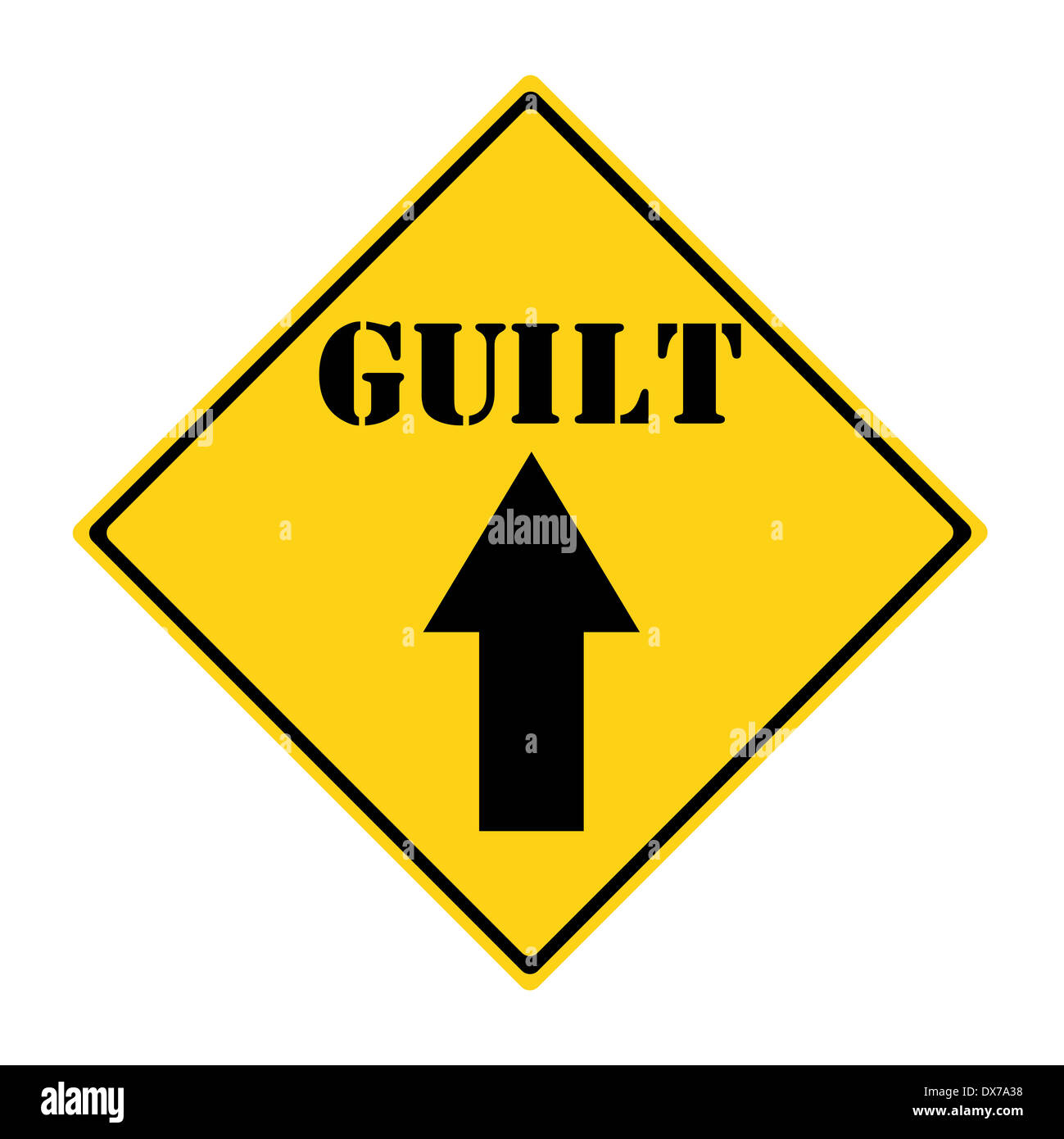 A yellow and black diamond shaped road sign with the word GUILT and an arrow pointing the way making a great concept. Stock Photo