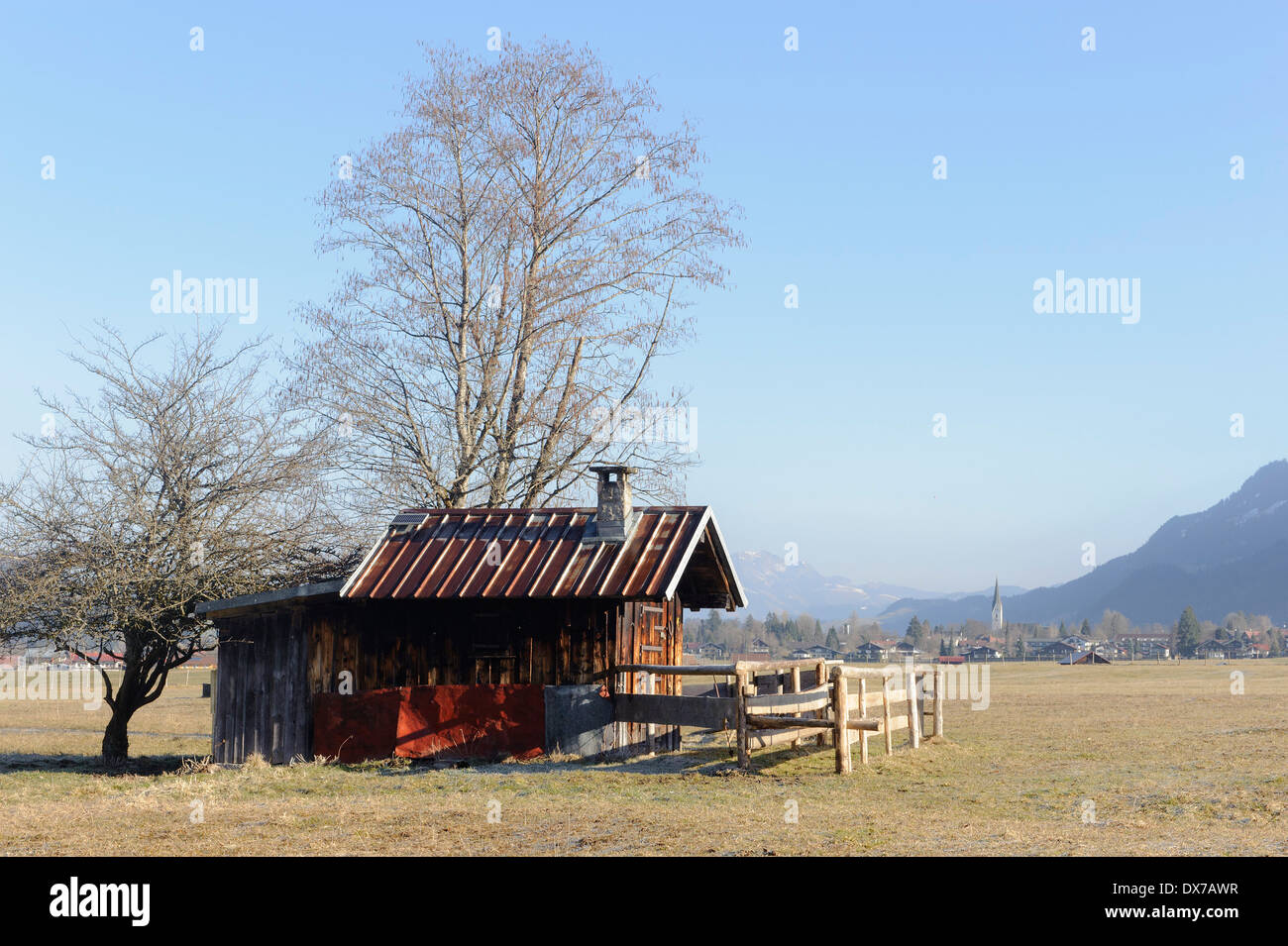 hay barn on pastures south of Oberstdorf, Allgäu, Bavaria, Germany Stock Photo