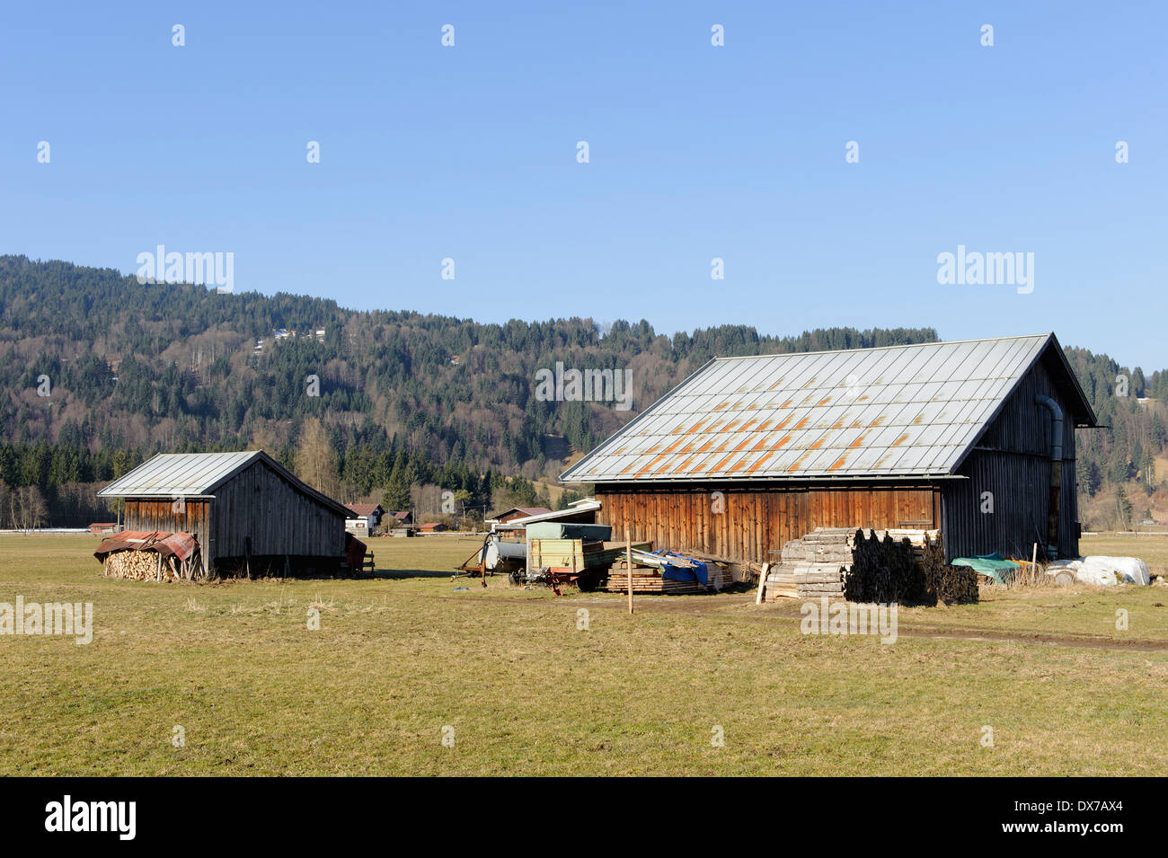hay barn on pastures south of Oberstdorf, Allgäu, Bavaria, Germany Stock Photo