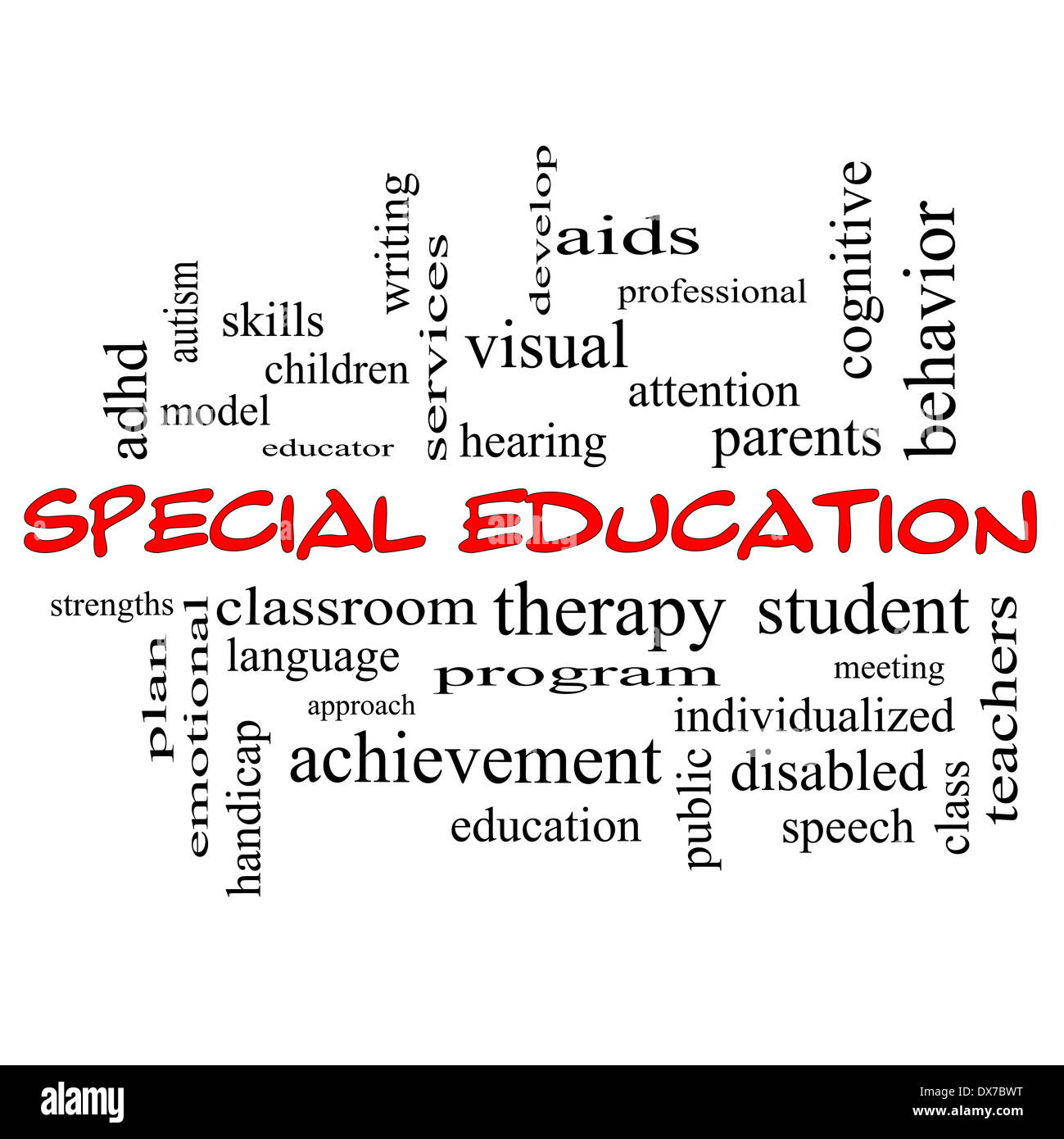 Special Education Word Cloud Concept in red caps with great terms such