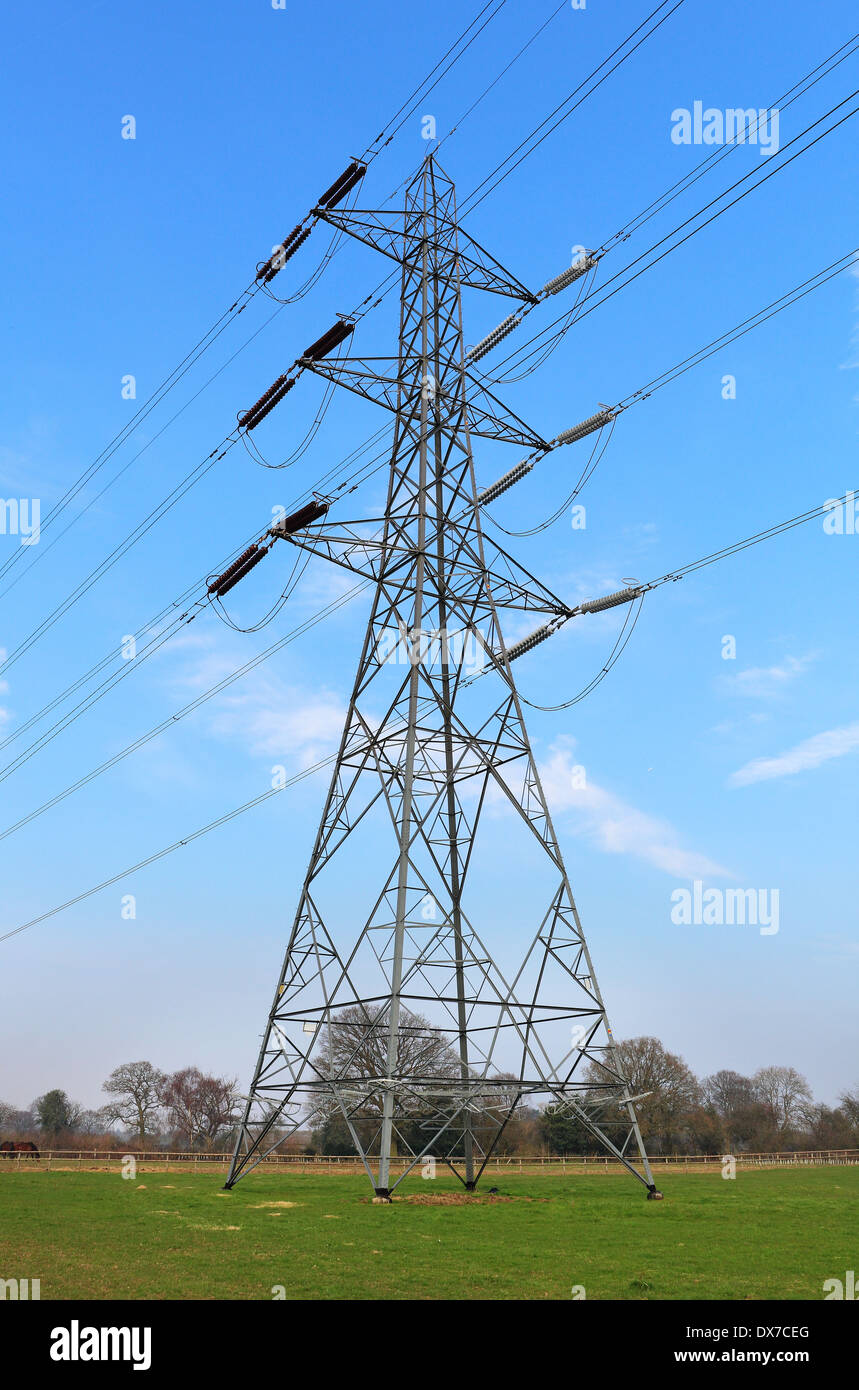 Electricity Pylon set in a field against a blue sky Stock Photo