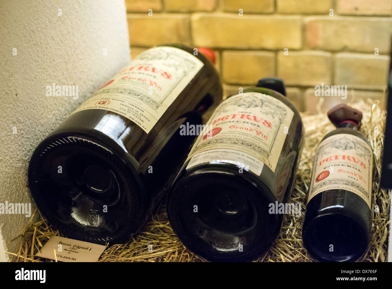 In Imperial of 1982 Petrus, a Jeroboam of 1982 Petrus and a bottle of 1947 Petrus shot at Hedonism Wines, Davies Street, London Stock Photo
