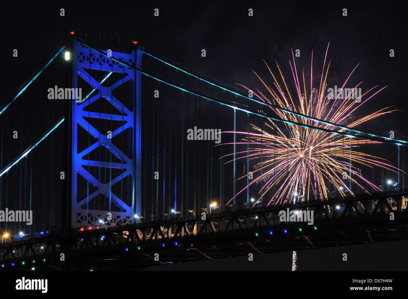 Fireworks over the Ben Franklin Bridge and the Delaware River between