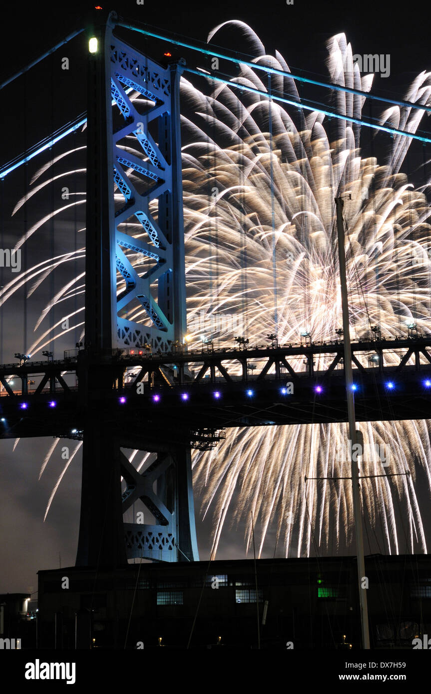 Fireworks over the Ben Franklin Bridge and the Delaware River between
