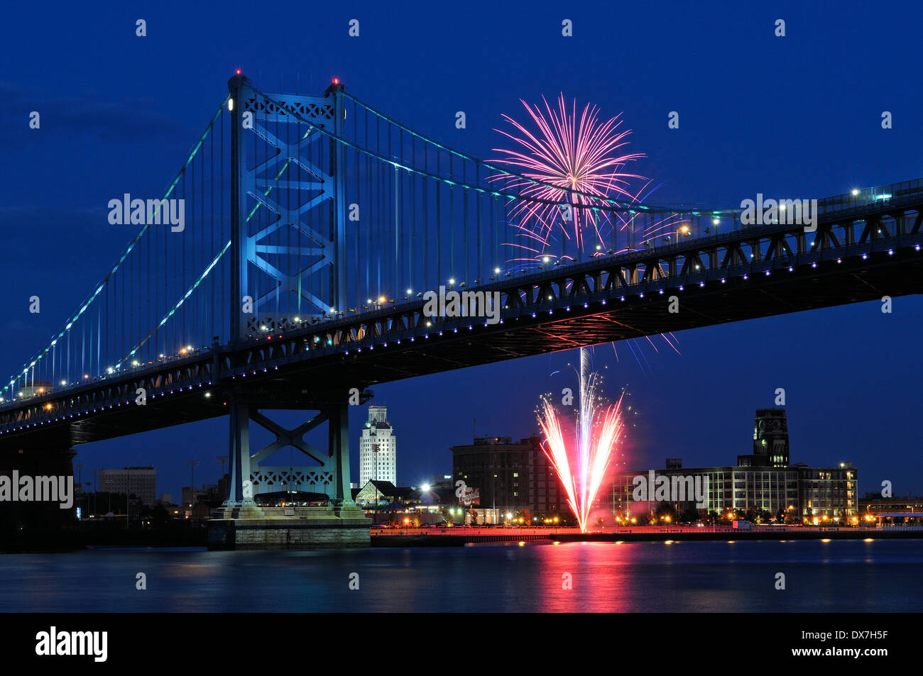 Fireworks over the Ben Franklin Bridge and the Delaware River between