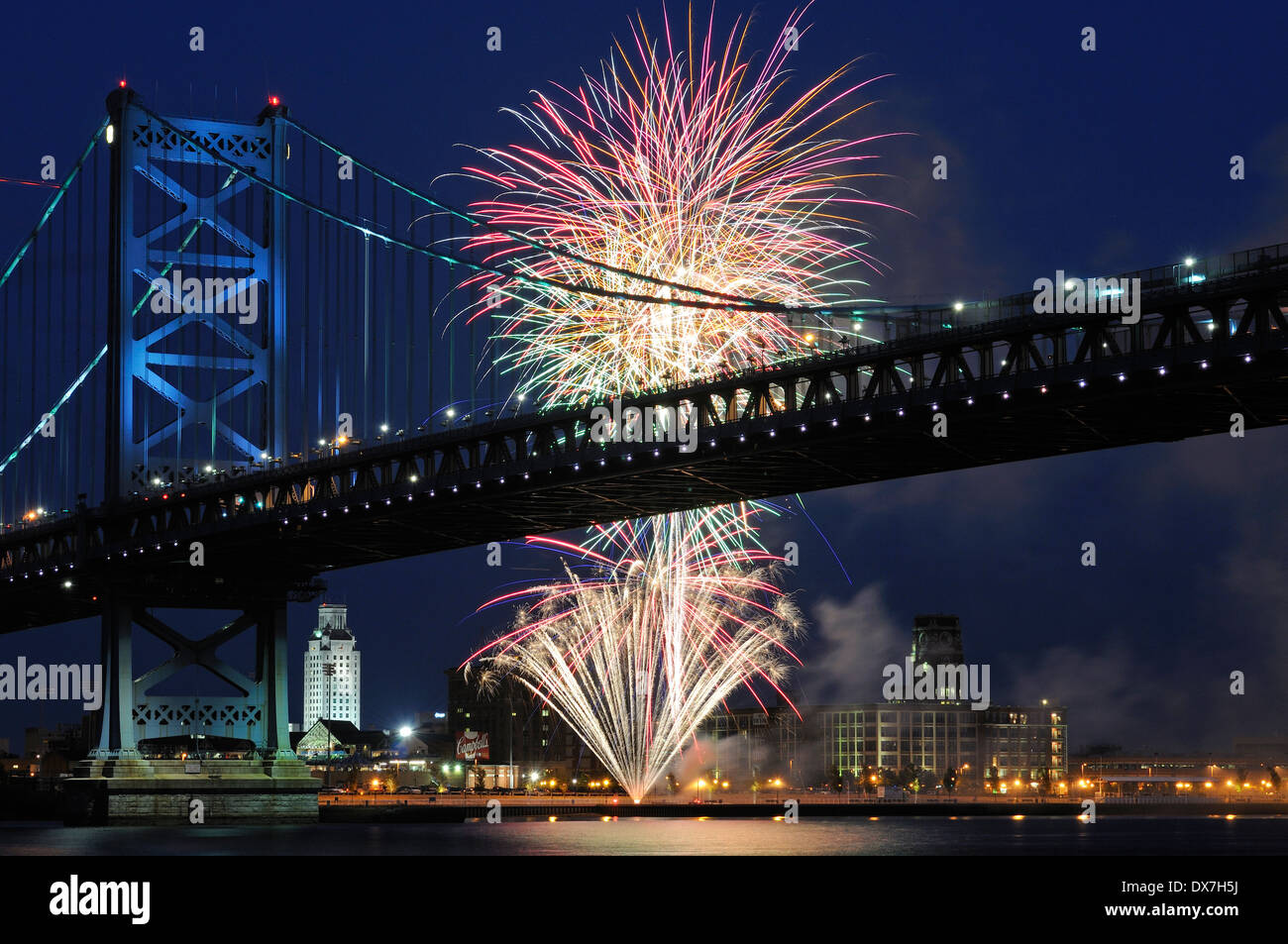 Fireworks over the Ben Franklin Bridge and the Delaware River between