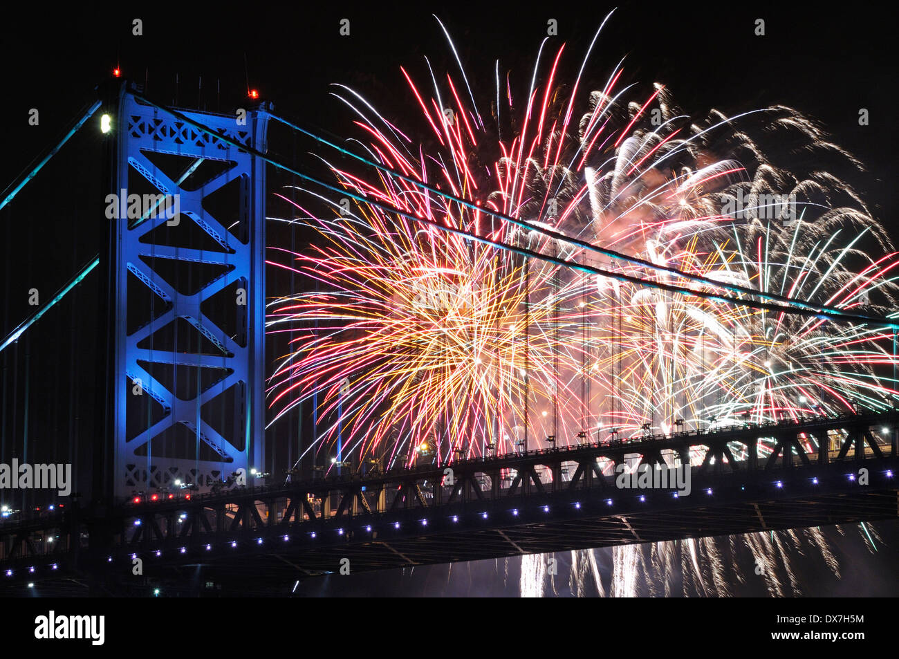 Fireworks over the Ben Franklin Bridge and the Delaware River between