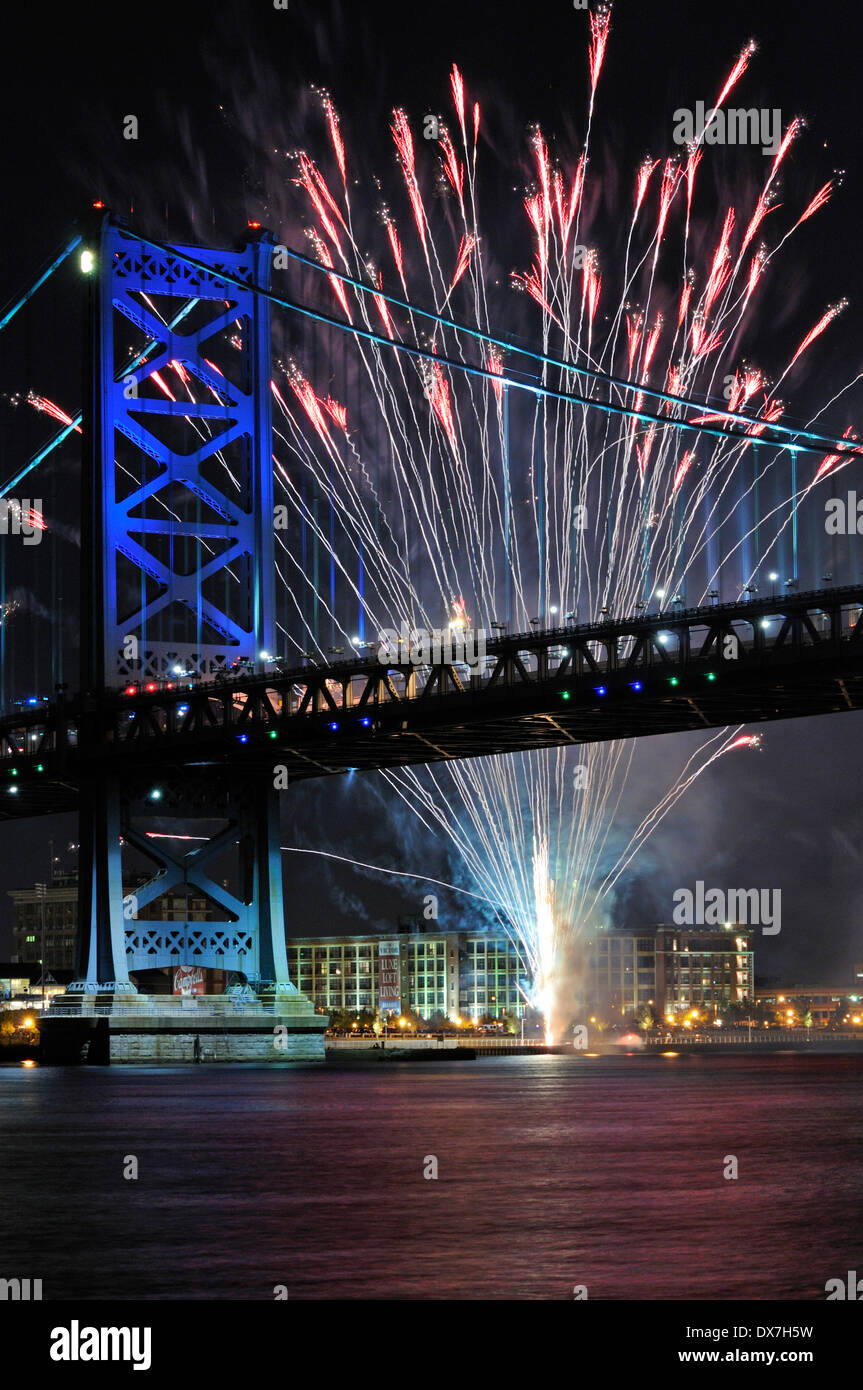 Fireworks over the Ben Franklin Bridge and the Delaware River between