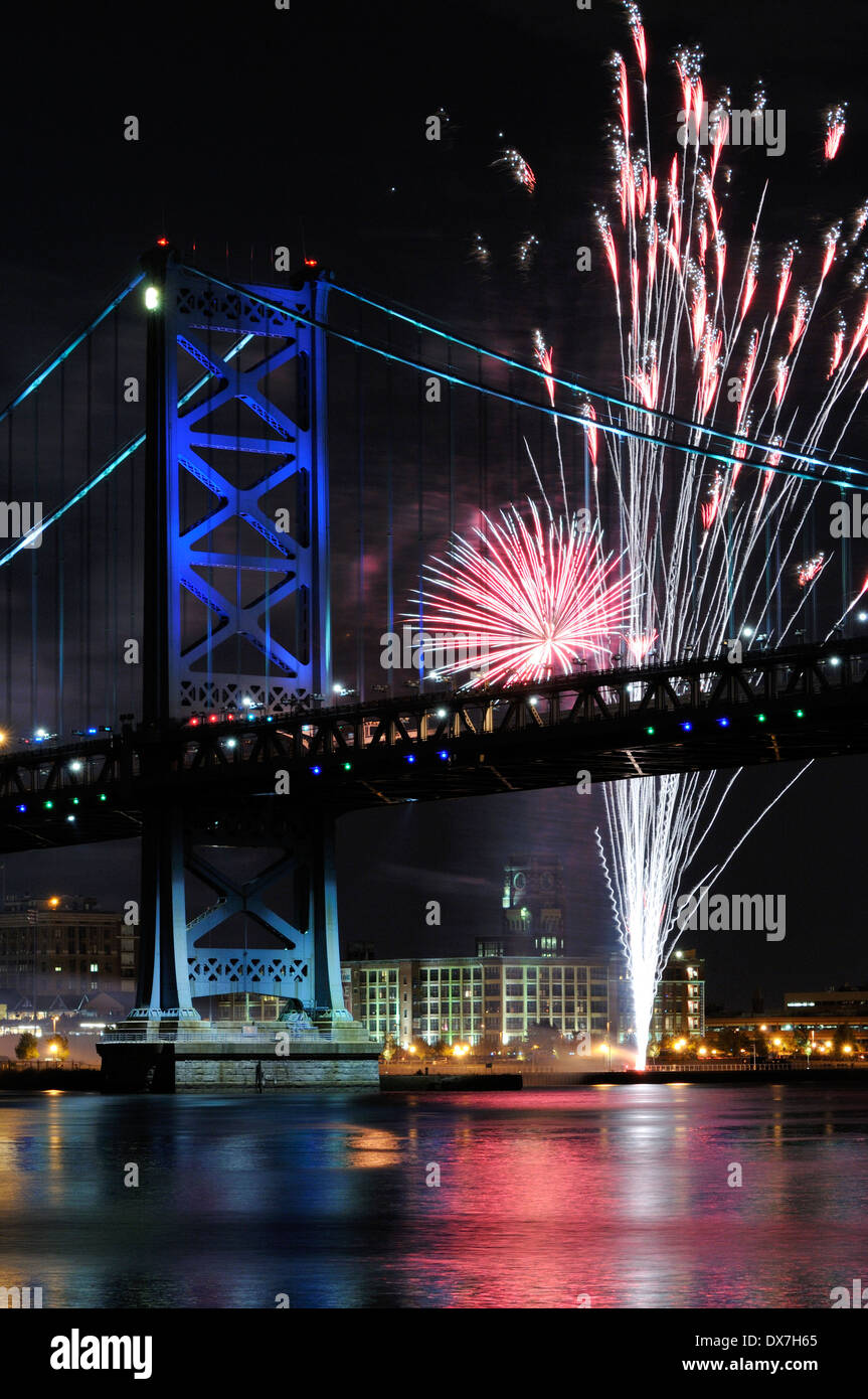 Fireworks over the Ben Franklin Bridge and the Delaware River between