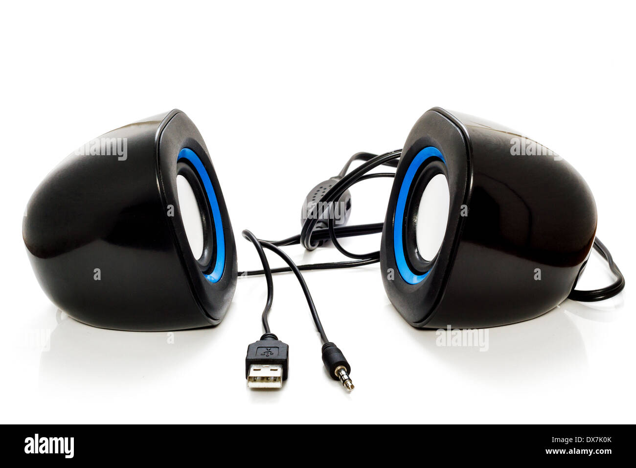 Black small speakers for computers isolated on white background . Stock Photo