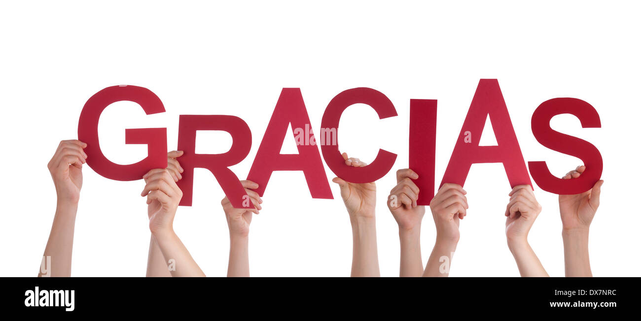 Many Hands Holding a Spanish Gracias, which means Thanks, Isolated