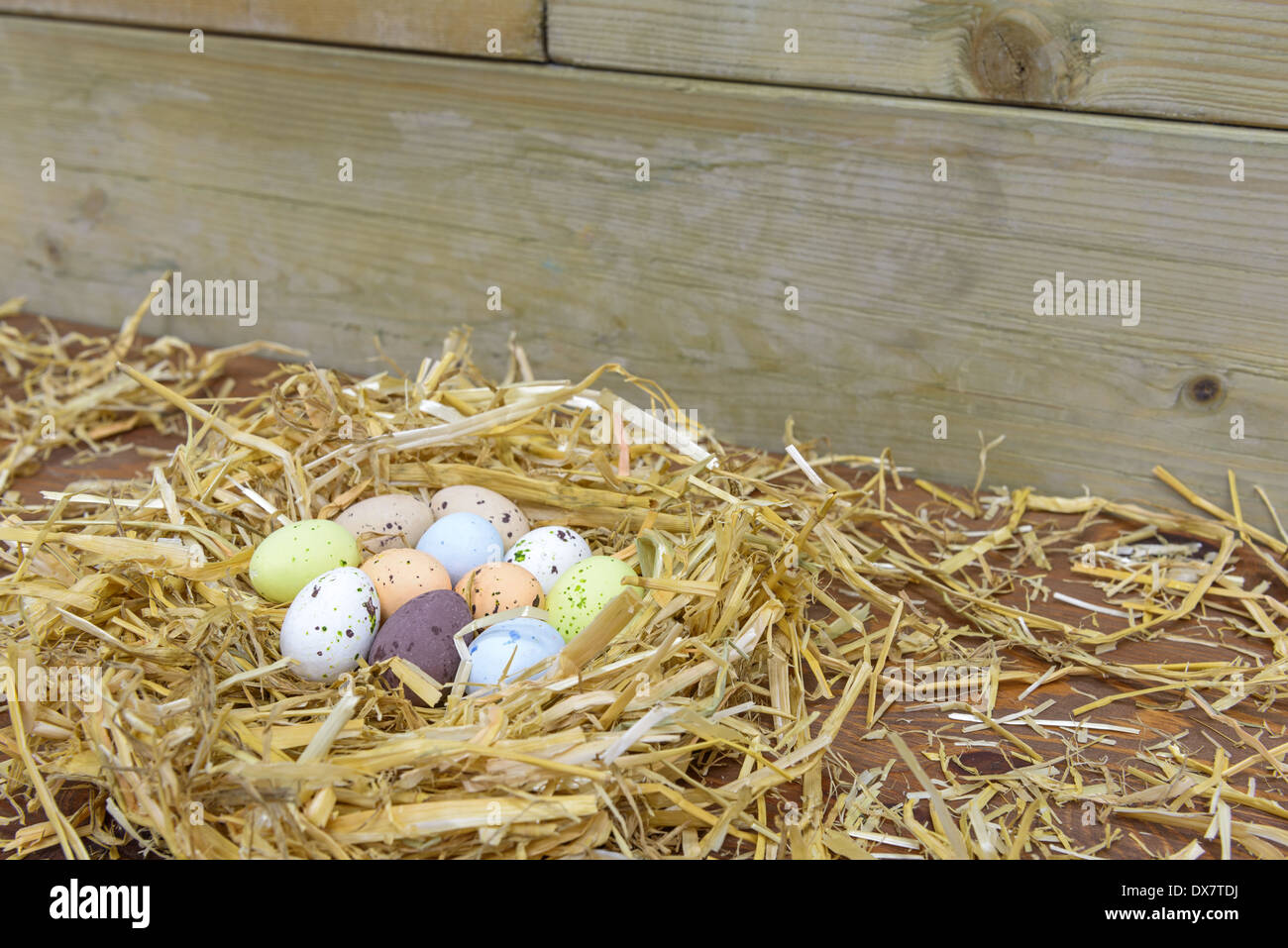 Candy coated chocolate Easter eggs in a straw nest Stock Photo