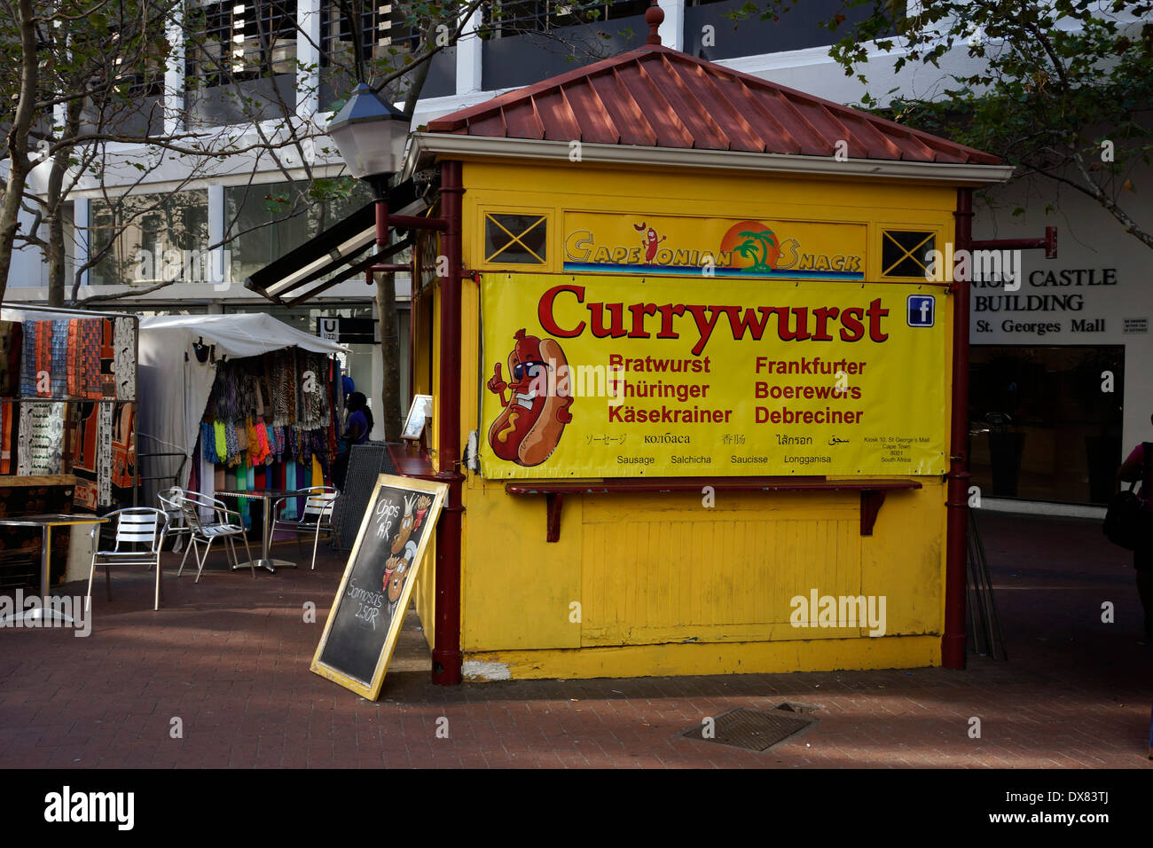Currywurst sausage kiosk, St Georges Mall, Cape Town, South Africa. Stock Photo
