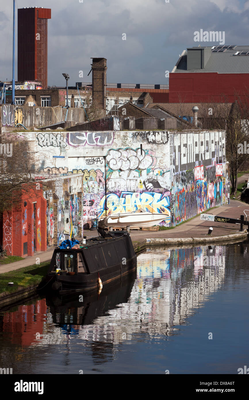 View of the Grand Union Canal on its way to join the River Lee Navigation near Hackney Wick — at Queen Elizabeth Olympic Park. Stock Photo