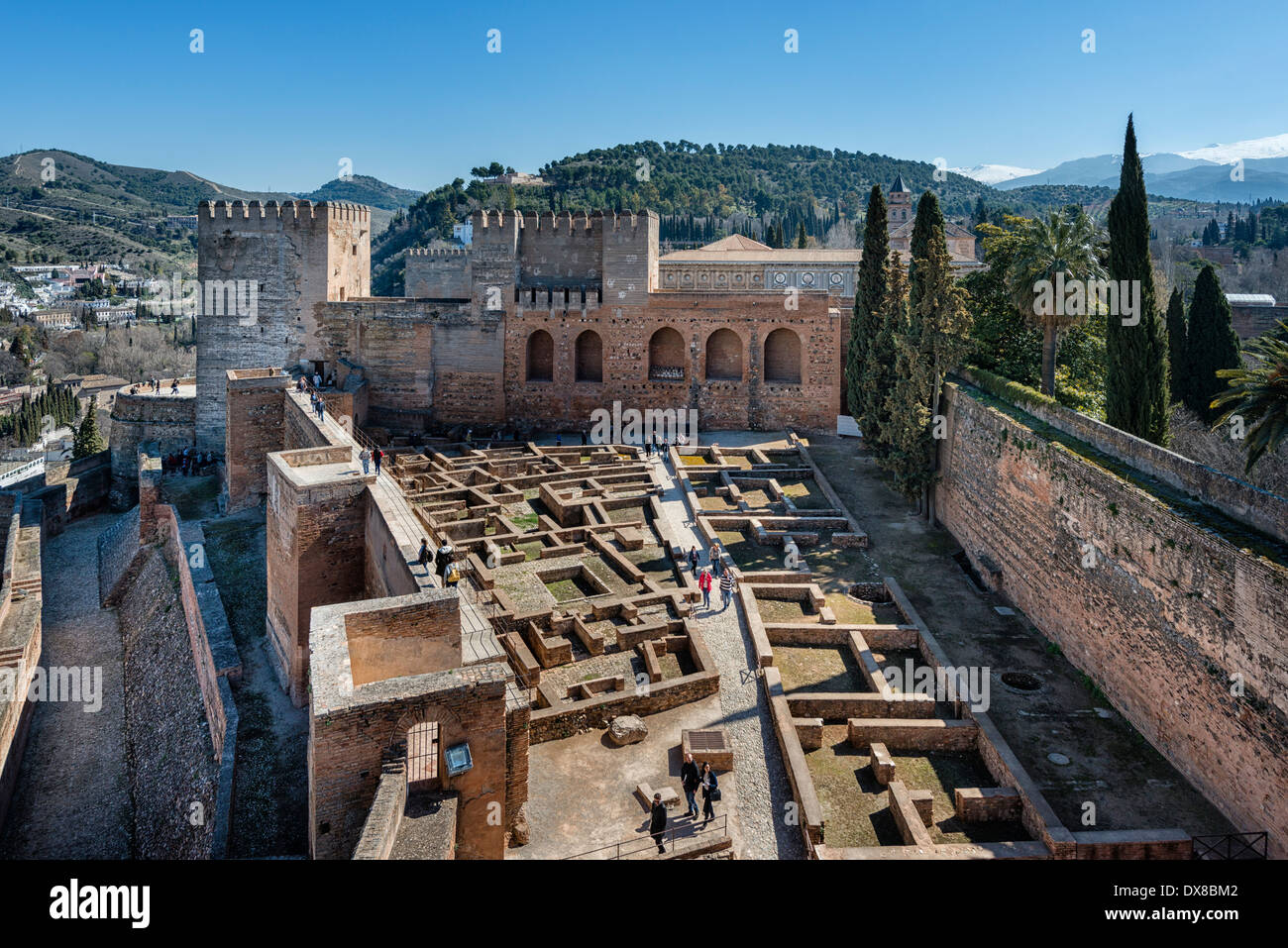 A view of the Alcazaba from its highest tower, Torre de la Vela. Alhambra Granada Stock Photo