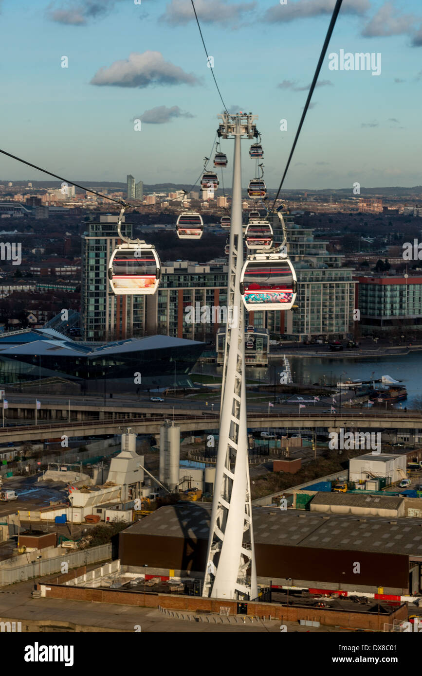 Emirates Air Line Cable Car crosses River Thames between the O2, North Greenwich, SE London Emirates Air Line Cable Car crosses River Thames between the O2, North Greenwich, SE London