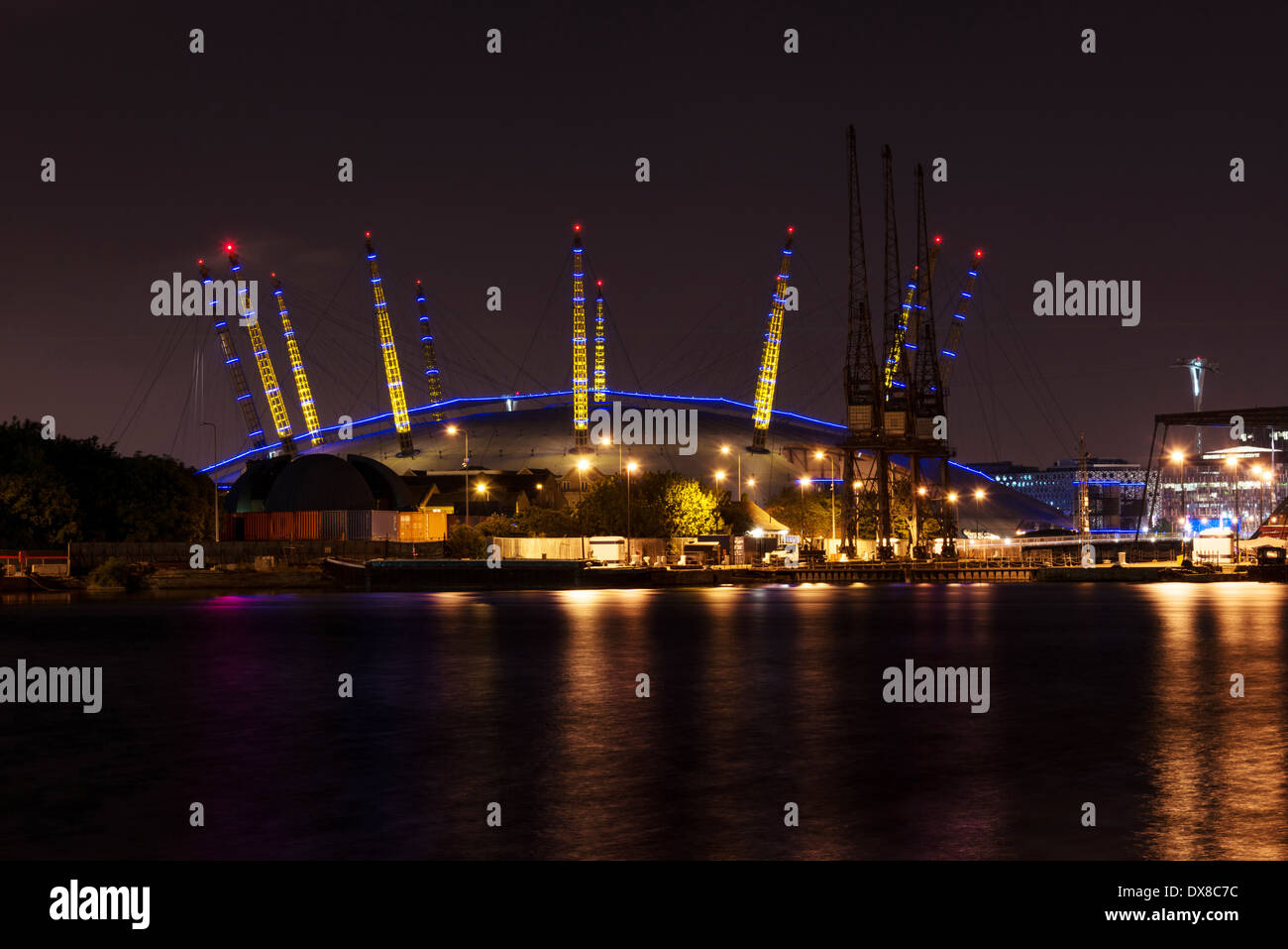 The O2 at night; formerly known as the Millennium Dome, the O2 is now a leading entertainment venue for events, exhibitions and Stock Photo