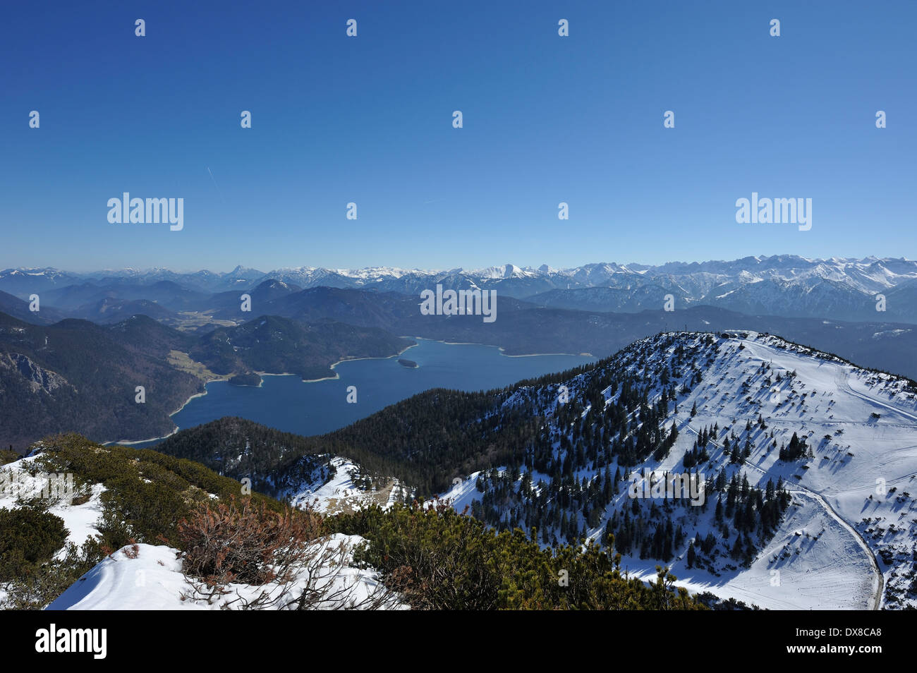 view over Lake Walchen, Walchensee from the Herzogstand summit in ...