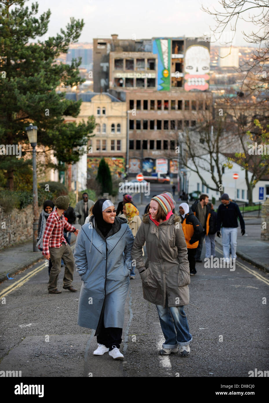 A culturally diverse group of youngsters in the Stokes Croft area of Bristol UK Stock Photo
