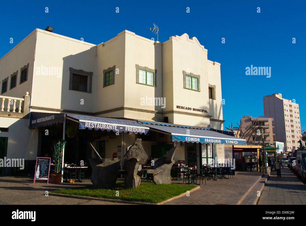 Restaurants and Mercado Municipal market hal, Puerto del Rosario, Fuerteventura, Canary Islands, Spain, Europe Stock Photo