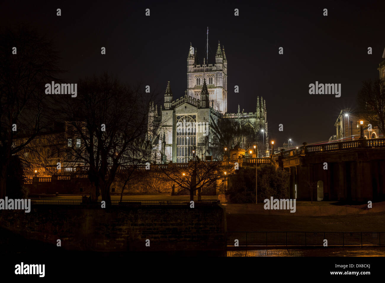 Bath Abbey at night, lit up by floodlights. The Abbey Church of Saint Peter and Saint Paul, Bath ...