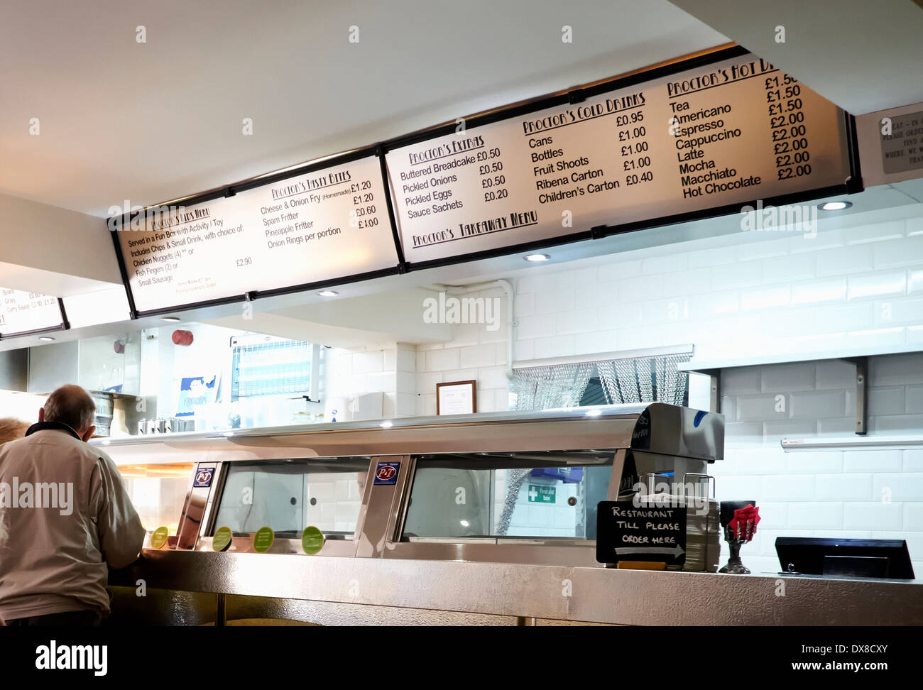 Traditional interior of a fish and chip shop Bakewell Derbyshire England uk Stock Photo